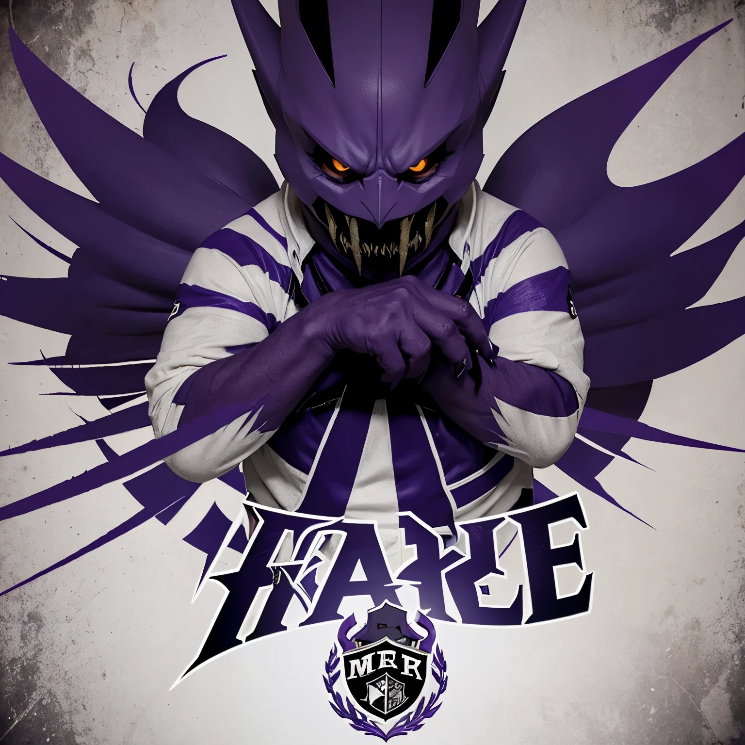 crie uma logo estilo de time de futebol, com o mega gengar e a escrita "metal" nas cores roxo e branco