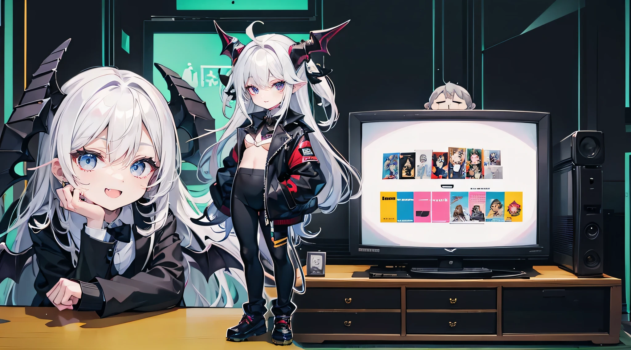 a tall thin girl with white hair and horns, a tall thin girl with brown hair, a tall thin girl with black hair, three girls in a gamer room, neon lights, sitting playing video games, (best quality,4k,8k,highres,masterpiece:1.2),ultra-detailed,(realistic,photorealistic,photo-realistic:1.37),detailed eyes,detailed lips,extremely detailed faces,long eyelashes,beautiful girls,gaming,video game,neon lighting,interior,room,cozy,relaxed,joyful,vivid colors,dramatic lighting