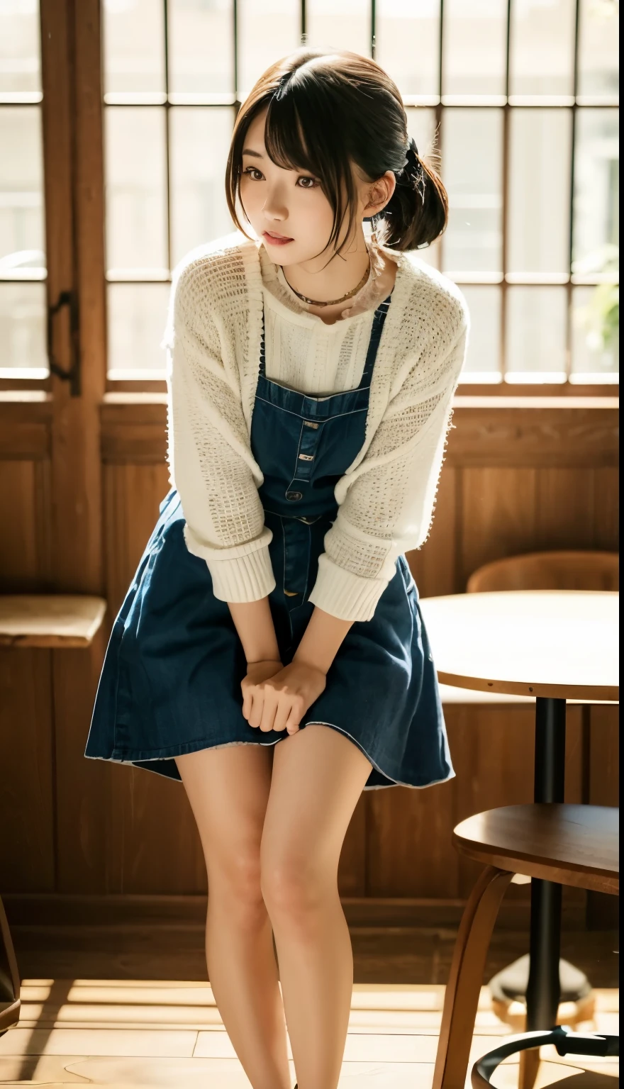 nfsw、table top、masterpiece、1 girl、(full body shot、cowboy shot:1.6)、View from the front、Japanese、very young cute woman、(the cutest girl in the world)、15 year old student、face becomes smaller、big and full breasts、autumn knit jacket、sheer inner、chiffon skirt、super detailed costumes、Cafe、Scrunchie、thin necklace、gorgeous appearance、super cute face、glossy lips、double eyelids in both eyes、 natural makeup、long eyelashes、shiny smooth light brown hair、bangs、short hair、low twintails、非対称のbangs、center image、8K resolution、advanced details、detailed hairstyle、detailed face、great movie lighting、octane rendering、lively、Super realistic、perfect limbs、perfect anatomy