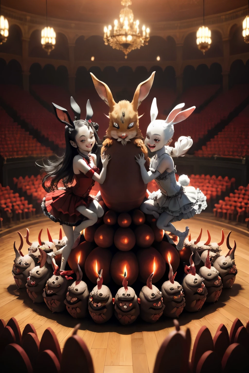 Masterpiece of a Thousand Devils! Best quality unfolds as an array of mischievous, red-eyed devils, each with horns and cloven hooves, frolic and revel in a whimsical, chaotic ballet. A bunnies' hole serves as their playground, setting the stage for endless, devilish antics.