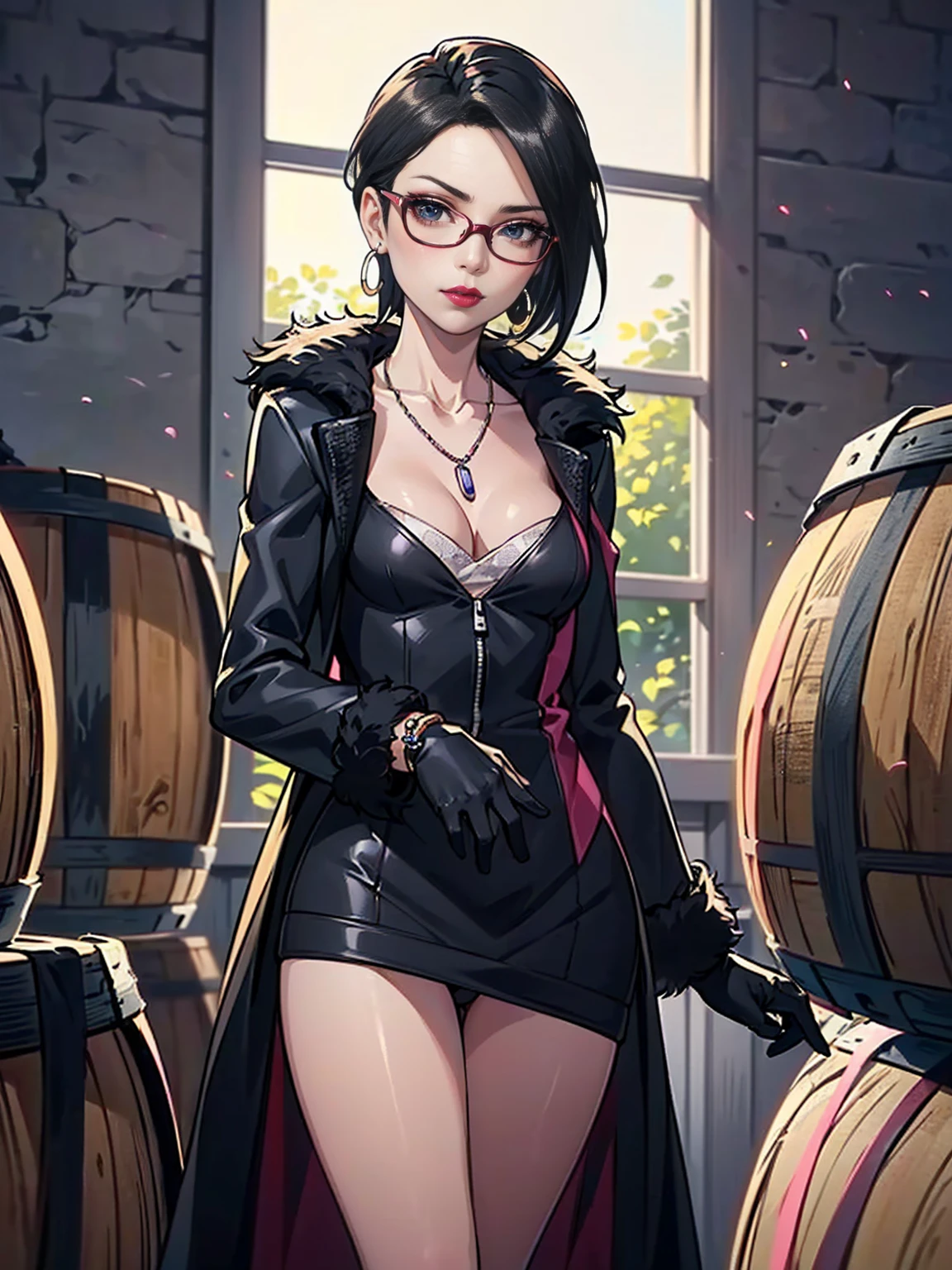 (1girl, solo, alone), (WakatsukiRisa, Sarada Uchiha, short hair, black hair black eyes, red glasses), ((solo, (1woman, pink lipstick, (small breasts)), Extremely detailed, ambient soft lighting, 4k, perfect eyes, a perfect face, perfect lighting, a 1girl)), austere, (anime style image, (masterpiece), best quality, expressive eyes, perfect face, cleavage, ((royal military clothes, red and grey royal uniforms:1.3, (general clothing))), (black fur coat:1.4), (thigh gap 1.5),bracelet, winery,wine barrels backgroudn,sitting on a barrel,sexy pose,looking at viewer, eyeshadows, eye liner,glistening eyes, hyper detailed eyes, intricate eyes, beautiful eye, gloves, leather gloves, silver bracelets, amethyst necklace, hoop earrings)