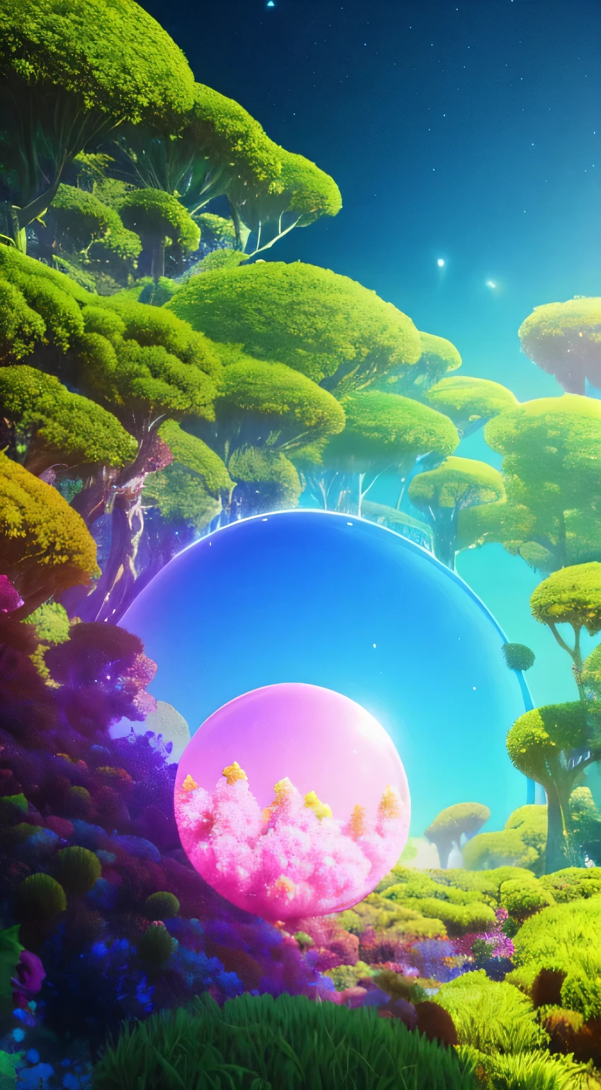 (((masterpiece))) (((best quality))) Glass sphere shimmering with an inner light, close-up view of a lush, green planet adorned with a multitude of trees, an overgrown, fantastical world of unending vegetation, a living, breathing, fractal planet, a beautiful, otherworldly fantasy landscape, a mysterious, ethereal planet encircled by pulsating rings, a pink planet blooming with vibrant flora, a 3D render by Beeple showcasing intricate details, a mesmerizing planetary landscape dotted with rolling hills and crystal-clear lakes, a round planet inspired by Jofra Bosschart's artistic vision,