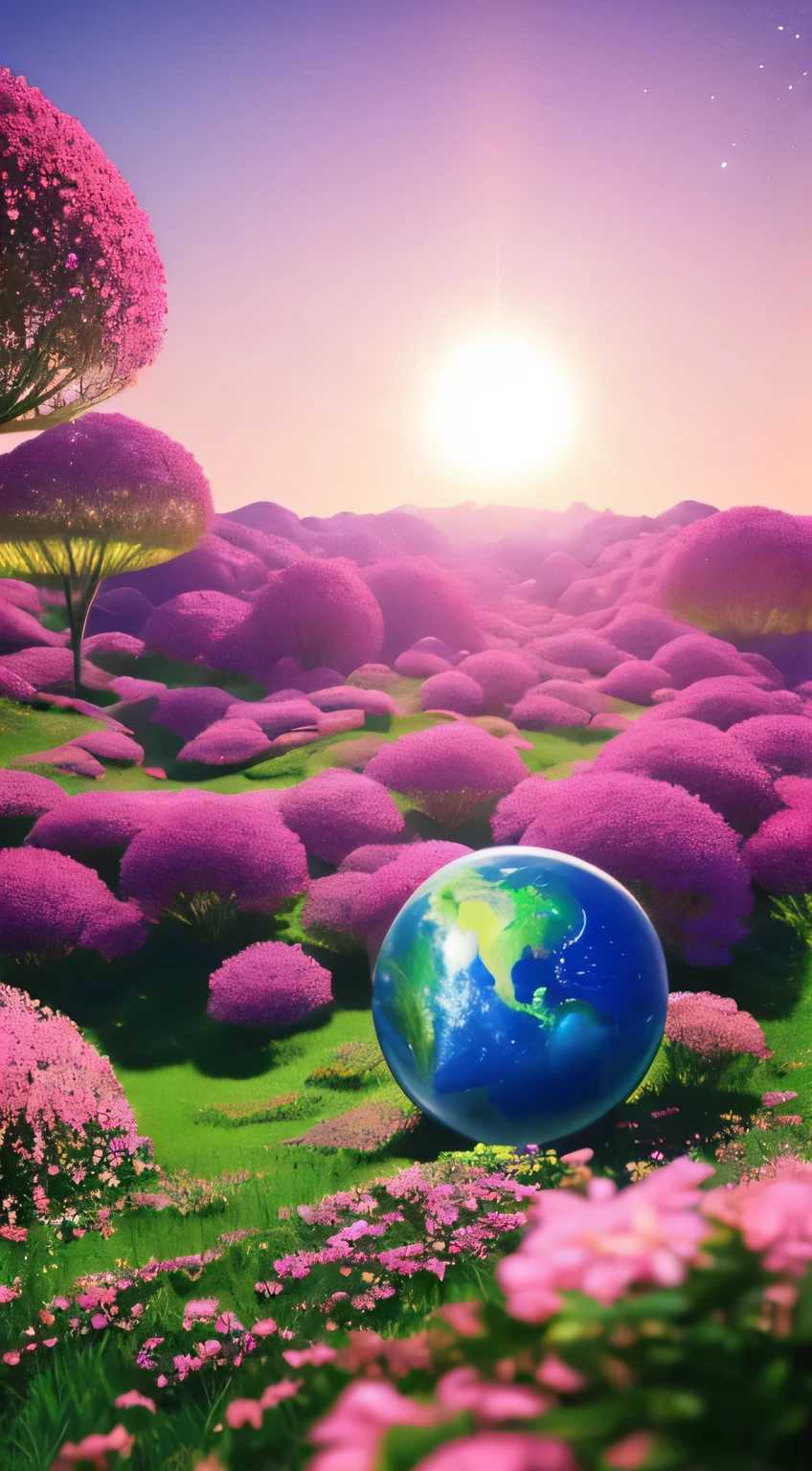 (((masterpiece))) (((best quality))) Glass sphere shimmering with an inner light, close-up view of a lush, green planet adorned with a multitude of trees, an overgrown, fantastical world of unending vegetation, a living, breathing, fractal planet, a beautiful, otherworldly fantasy landscape, a mysterious, ethereal planet encircled by pulsating rings, a pink planet blooming with vibrant flora, a 3D render by Beeple showcasing intricate details, a mesmerizing planetary landscape dotted with rolling hills and crystal-clear lakes, a round planet inspired by Jofra Bosschart's artistic vision,