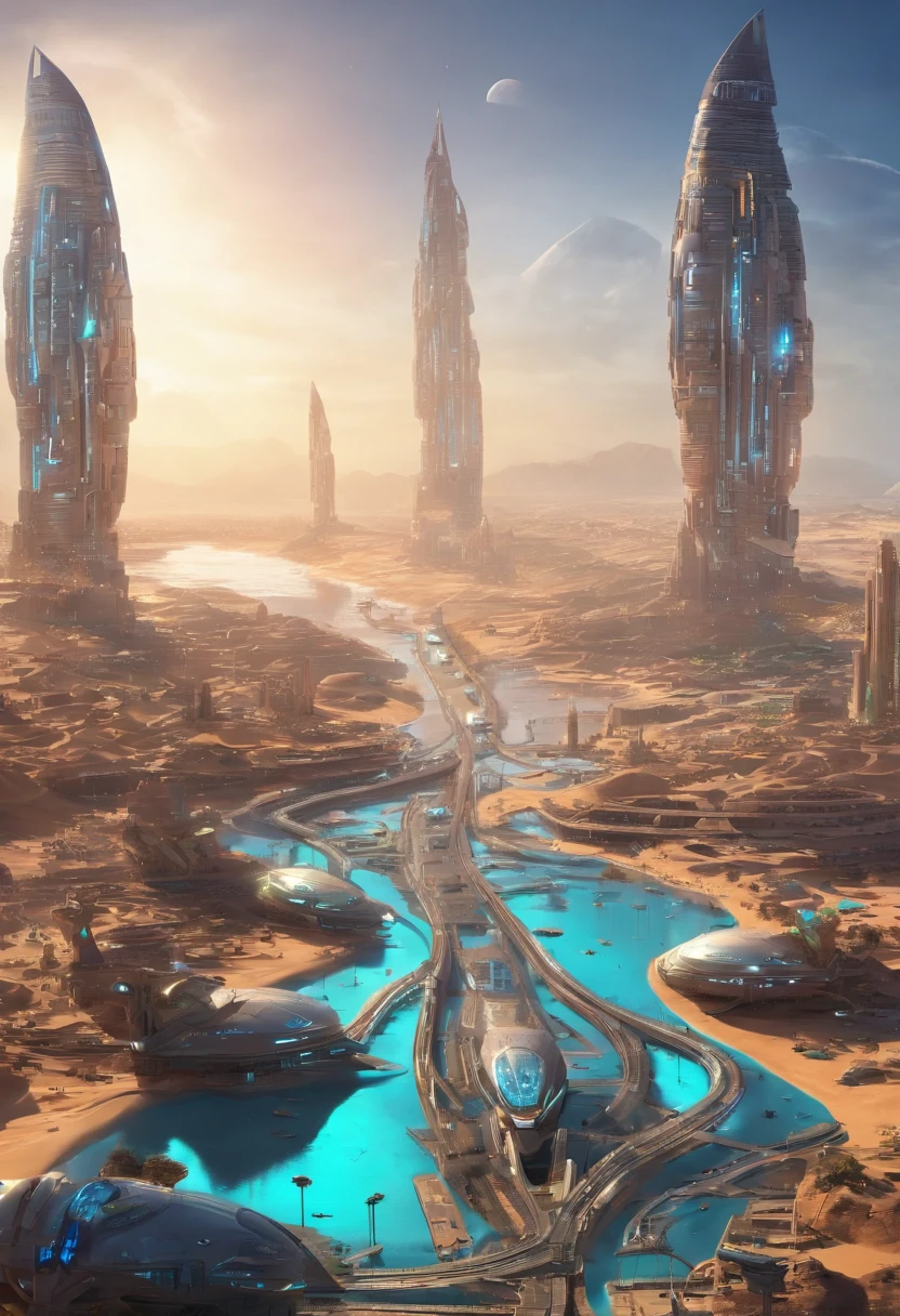 Futuristic Egyptian city with alien population and some ships, hiper realista em 8k