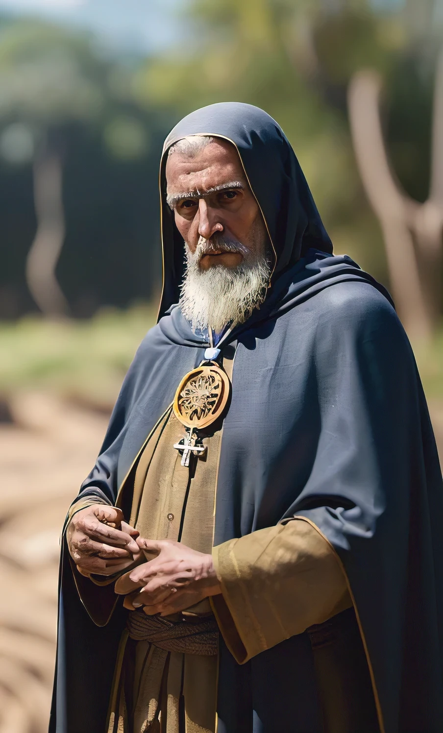(obra de arte), (extremamente complexo:1.3), (realista), Portrait of Saint. Benedito, (tunics, covers and types of pants), reflections, medalha de sao bento ao fundo, luz solar intensa, sharp focus, dramatic, premiado, cinematic lighting, octano render motor irreal, volumetric dtx, (Film grain, fundo desfocado, primeiro plano desfocado, Bokeh, profundidade de campo, desfoque de movimento:1.3), cota de malha