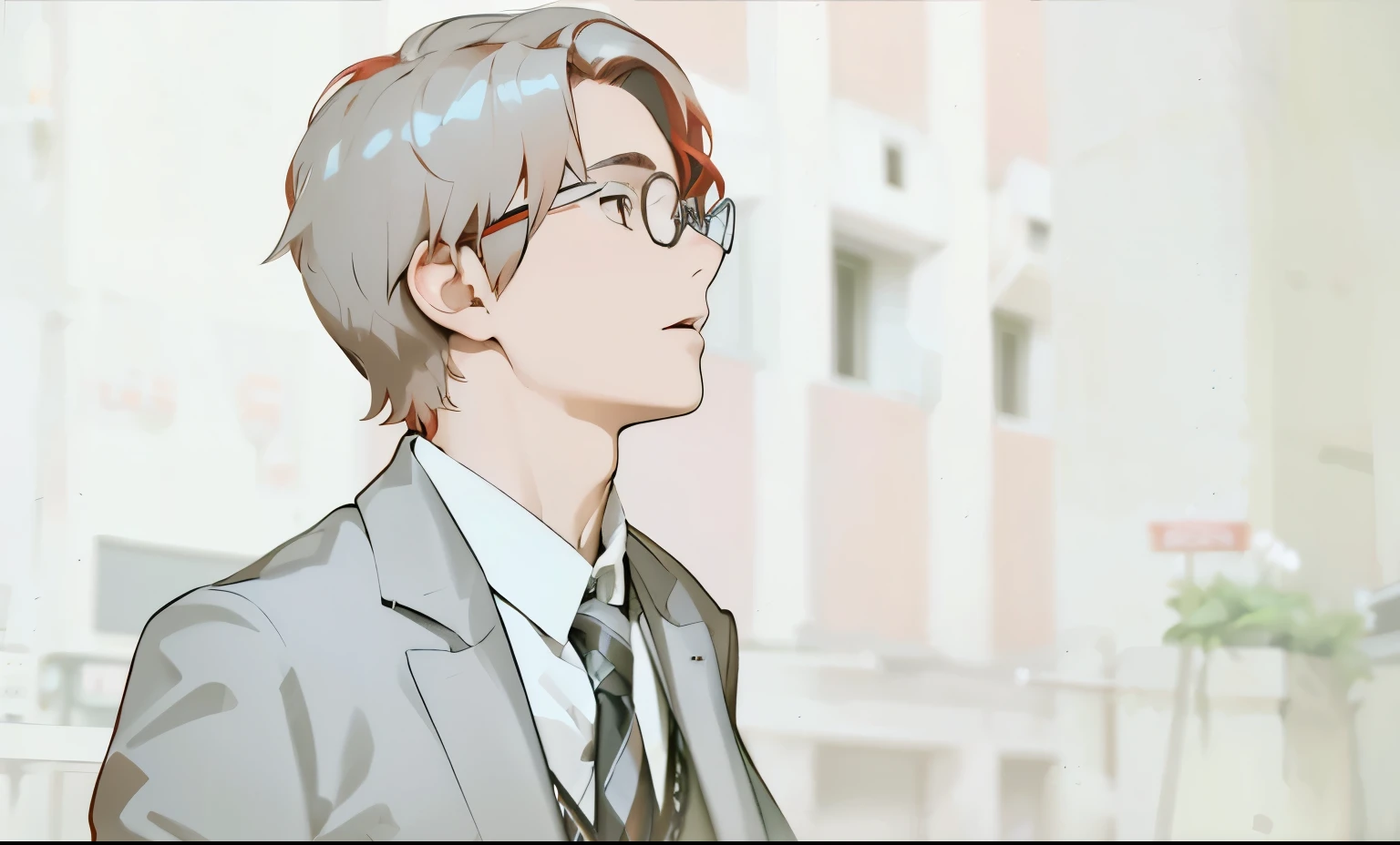 imagen en 2d, flat drawing flat he is a 16 year old young man with red hair in profile with glasses he has red hair he looks at him with bewilderment