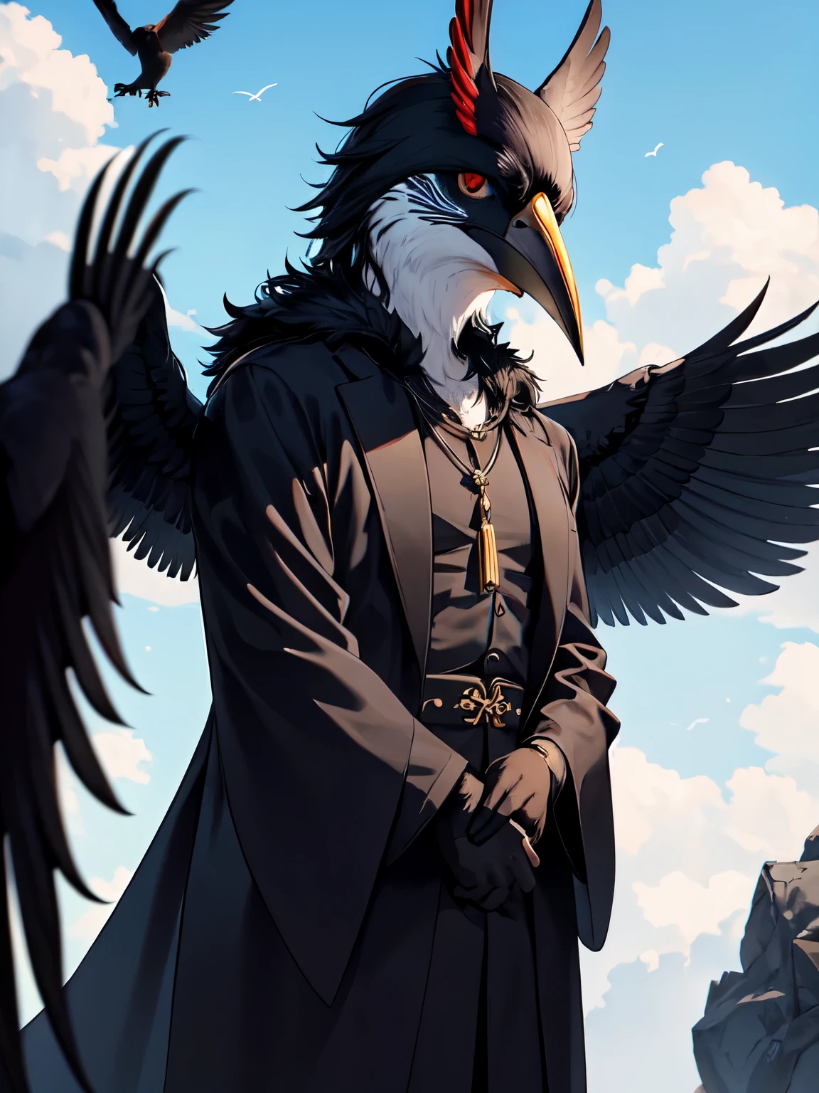 masterpiece, male, ((avian anthro furry:1.3)),(corvid:1.1),(black beak), winged-arms, crow head, black taoist robe