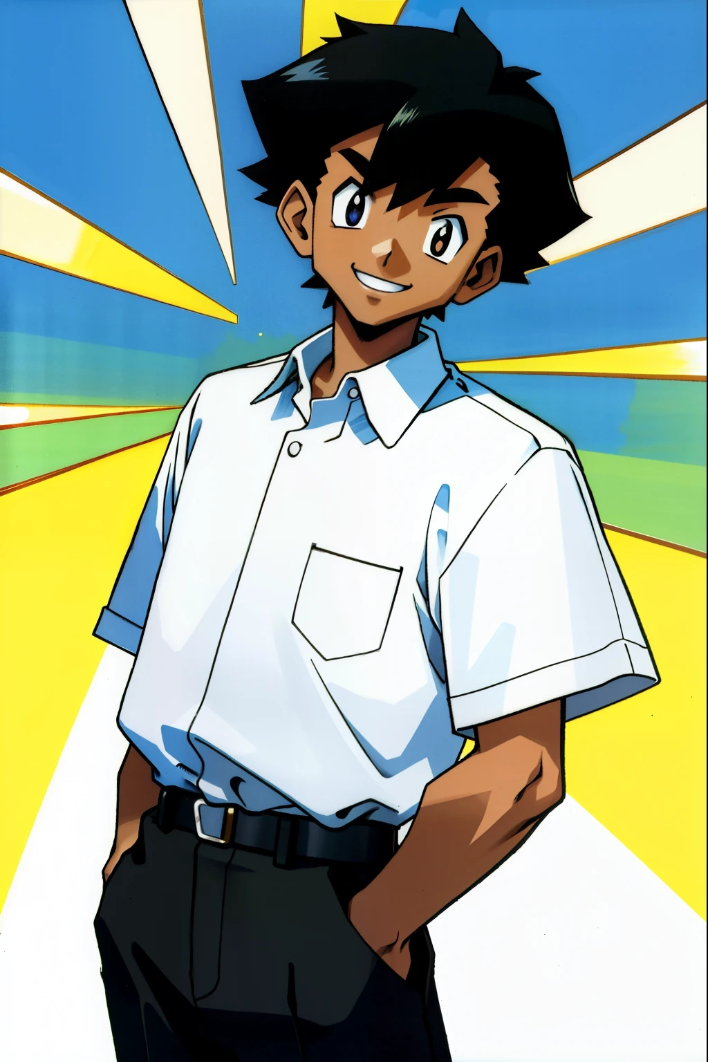 by Ken Sugimori, sugimori 1990s, ((only 1man)), smiling, dark skin, african, short hair, collared shirt, notepad ((hands behind their back)), full black pupils, manga, best quality, highly detailed, clean lines, cowboy shot, good hands, good eyes, hd, 8k, professional, symmetrical, hires, 8k,