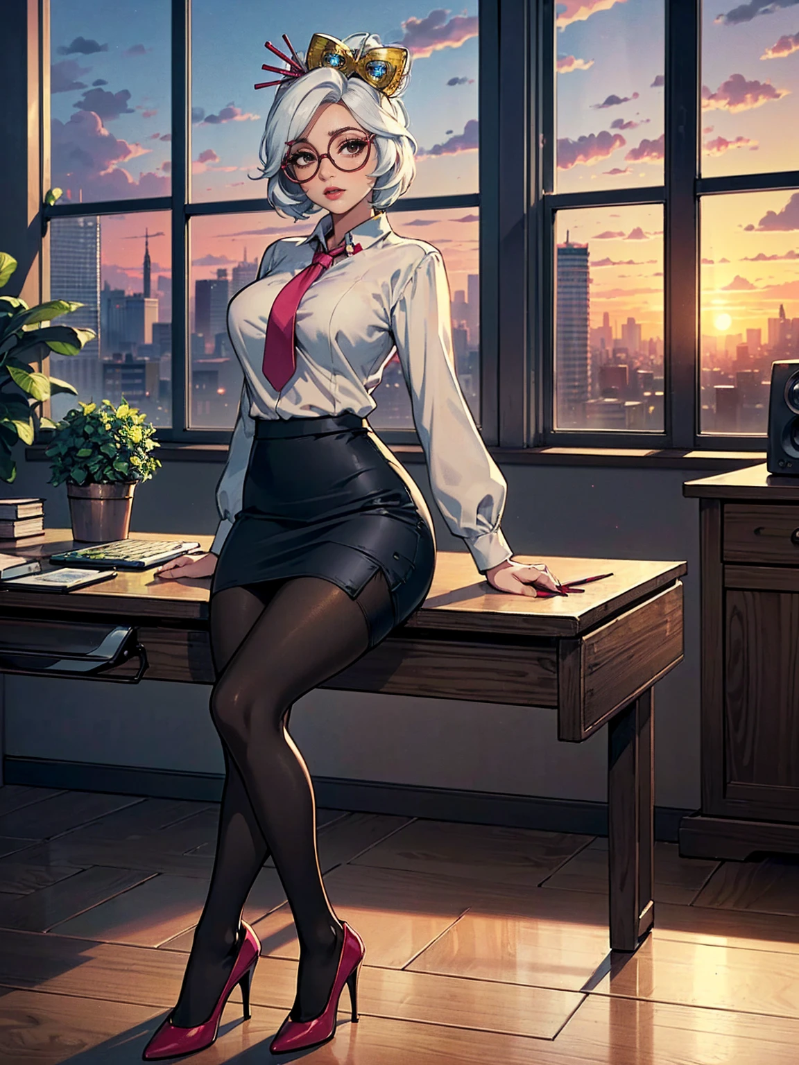 ((Masterpiece, standing,Best Quality, Purah, White Hair, brown Eyes, Red Headband, Hair Ornament, Hair Sticks, Red Glasses, shy, Smug)), ((pink lipstick, Extremely detailed, ambient soft lighting, 4k, perfect eyes, a perfect face, perfect lighting, a 1girl)), ((Officelady, Black suit, tie ((female suit, Black tight skirt, long skirt, pencil skirt, White blouse, Black tights)), High pumps with black heels, Office, lana, Beautiful woman, gazing at viewer, Looking here, hight resolution, top-quality, full body, animations, (anime style), office, penthouse, executive room, large window, landscape of a metropolis ((sitting at the table)), sunset, clouds)), documents, books, table, shelves, pencil holder, computer, legs open, shapely thighs