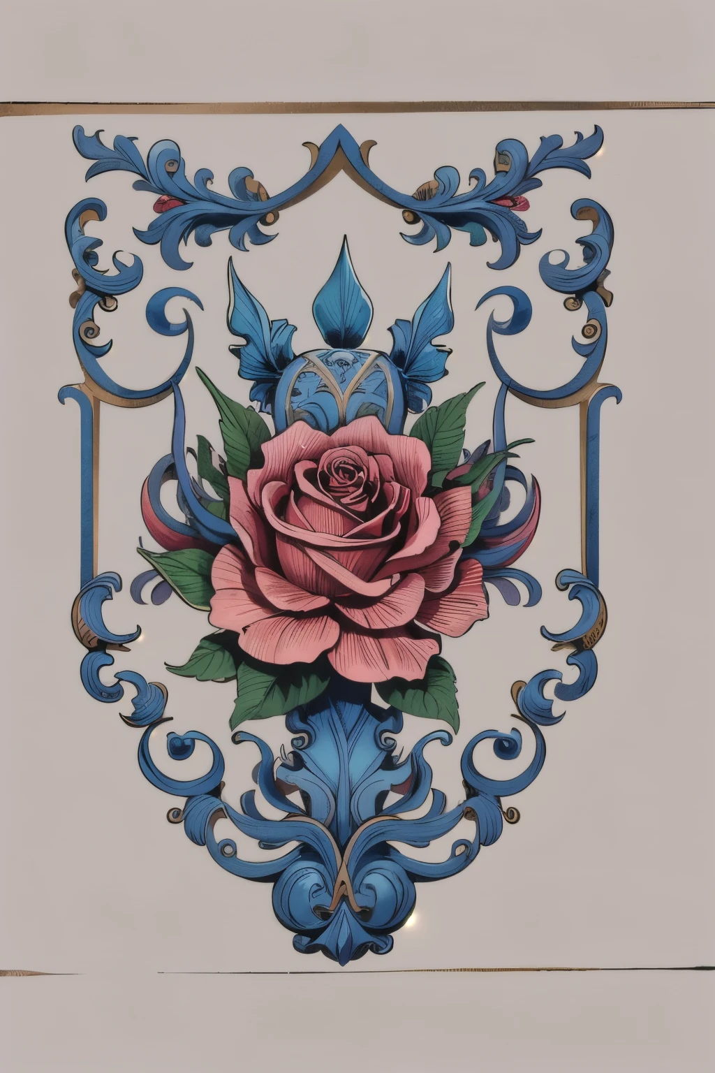 Blason d'un bouclier avec une rose dessus sr, conception de bouclier, bouclier fantastique, détaillé mais approximatif, , heraldic, inspired by Barthélemy d'Eyck, inspired by Jean Hélion, Engraved cuirass, par Hirosada II, medieval!!, fond totalement blanc et unis