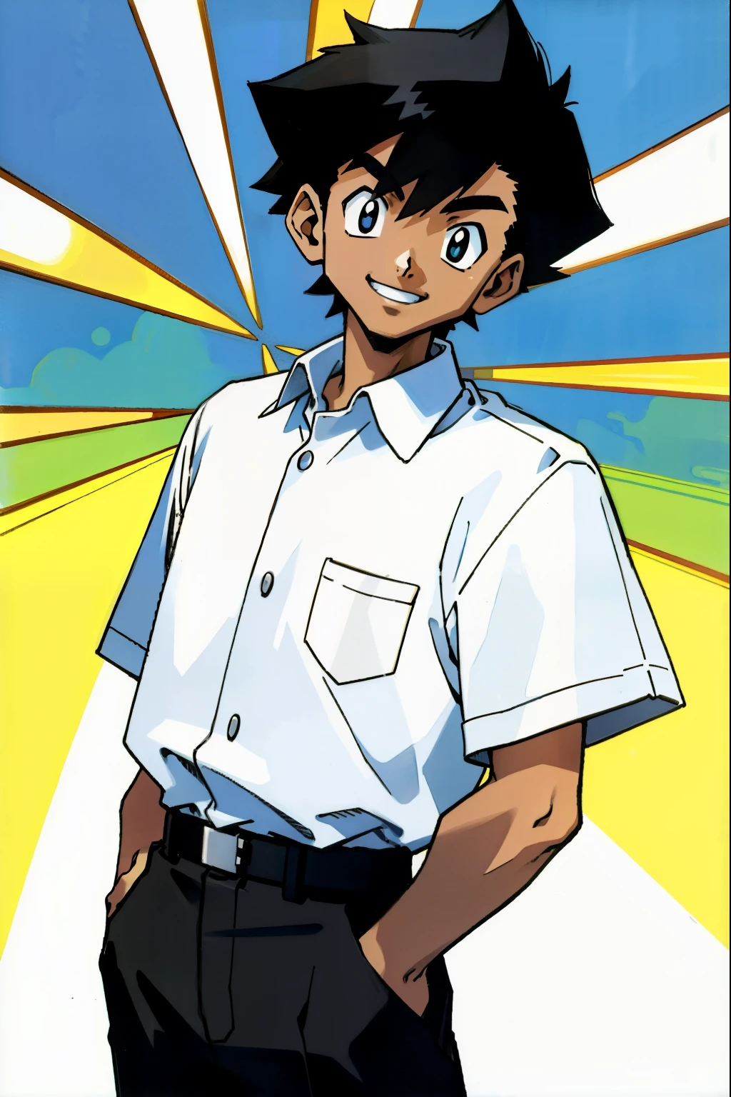 by Ken Sugimori, sugimori 1990s, ((only 1man)), smiling, dark skin, african, short hair, collared shirt, notepad ((hands behind their back)), full black pupils, manga, best quality, highly detailed, clean lines, cowboy shot, good hands, good eyes, hd, 8k, professional, symmetrical, hires, 8k,