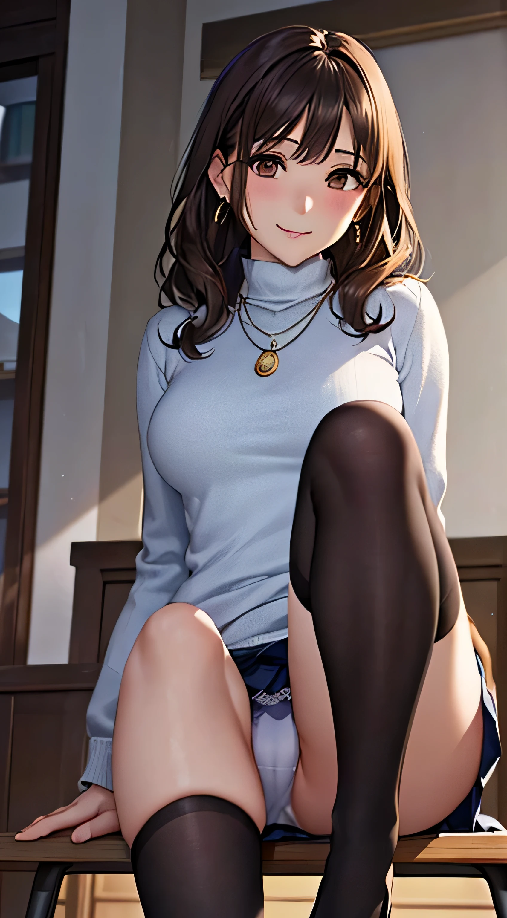 (table top, highest quality, High resolution, , perfect pixel, 4k,), 1 girl, single, alone, Beautiful woman、I could see the whole body、 ((wavy mid-length hair, bangs, brown hair)), ((brown eyes, beautiful eyelashes, realistic eyes)), ((detailed face, blush:1.2)), ((smooth texture:0.75, realistic texture:0.65, realistic:1.1, Anime CG style)), medium breasts, dynamic angle, perfect body, ((, female teacher, , earrings、necklace、turtleneck sweater、、black knee high stockings、((open both legs wide、open both knees))、flare skirt、shy smile、Sitting at the pulpit、emphasize the chest)), Upper grade、、、evening、、(You can see the blue and white lace panties、、(、)、angle from below)、