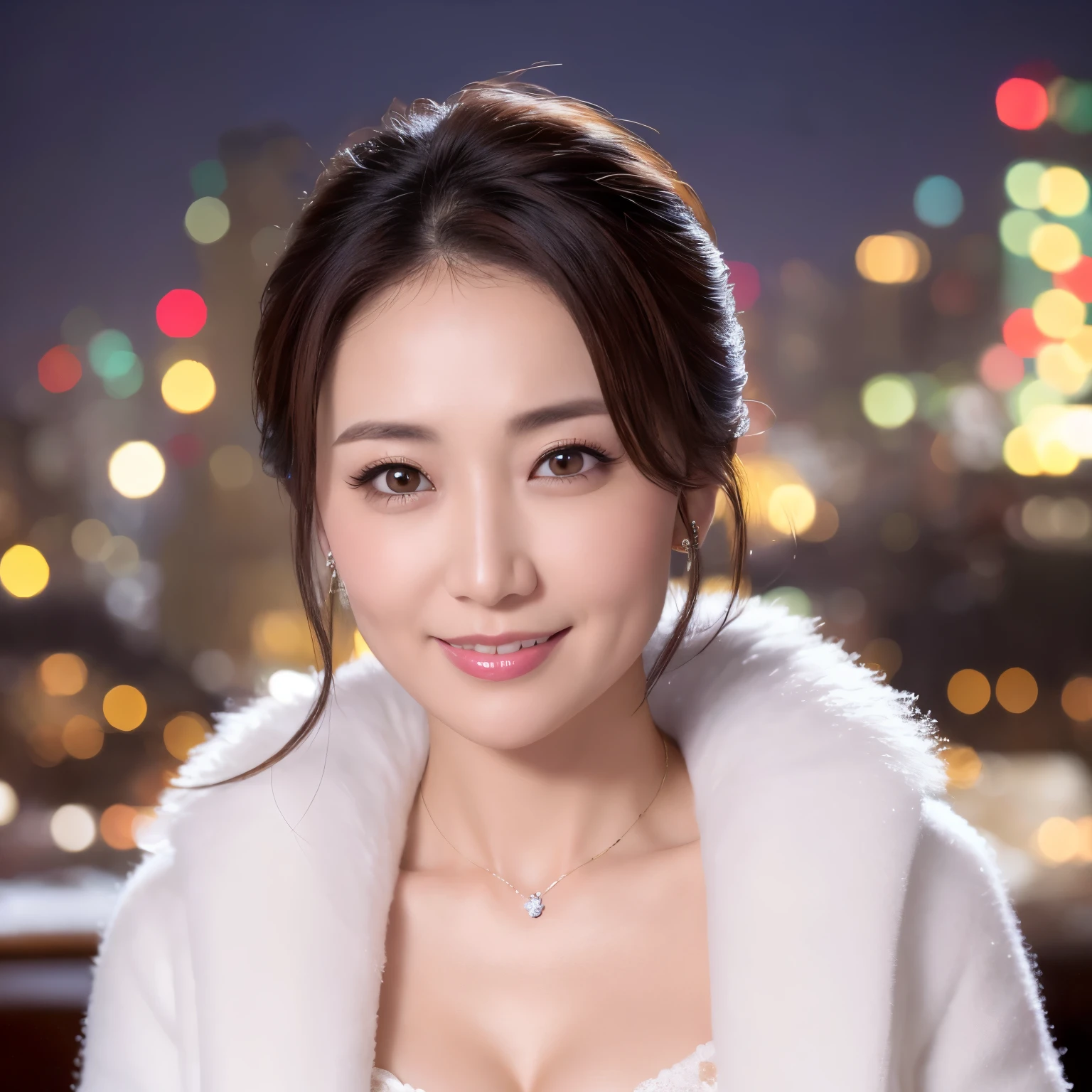 ((highest quality、table top、8K、best image quality、Award-winning work))、one beautiful mature woman、45 year old mature woman、smile looking at me、(close up of face:1.4)、(cleavage:1.2)、(big breasts:1.2)、(Perfect and classy thick fur coat:1.1)、epic movie lighting、(romantic love feelings:1.1)、(The most romantic and moody atmosphere:1.1)、winter city、Snowy landscape in the city、(The snow in the air sparkles finely:1.1)、(It&#39;s snowing heavily:1.1)、(Tyndall effect:1.1)、(Night view of the city with snow falling:1.2)、Shining beautiful skin、(accurate anatomy:1.1)、Ultra high definition beauty face、long eyelashes、natural makeup、ultra high definition hair、Ultra high definition eyes、(超高解像度でShining beautiful skin:1.1)、Super high resolution glossy lips、radiant beautiful skin