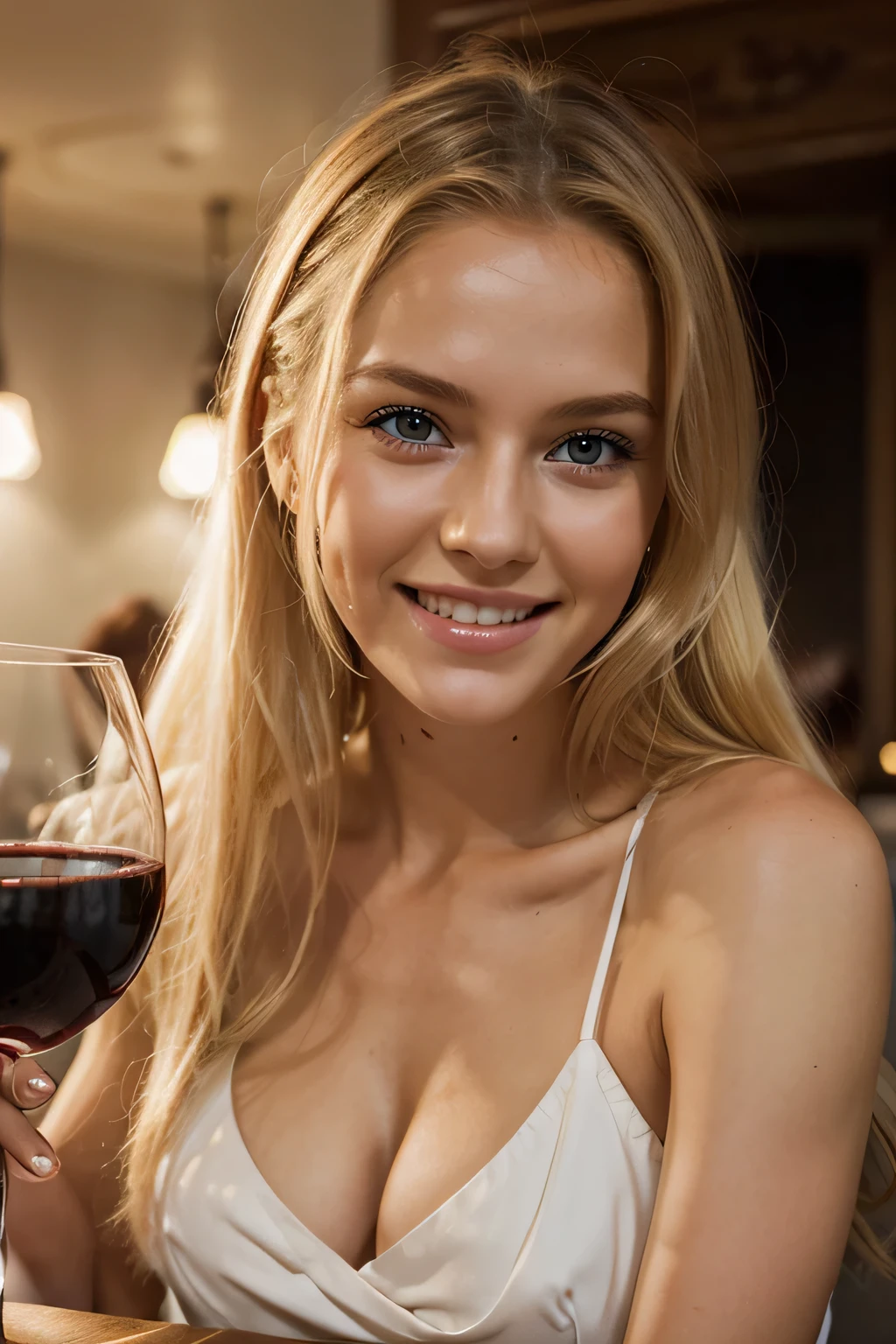sitting at the restaurant with a glass of red wine, cute white outfit, happy smile beautiful teeth, evening, dark lights, best quality, Meisterwerk, Realistisches Foto, Komplizierte Details, RAW-Foto, Ultra-detailliert, blondes haar, cute face, Body size B, blondes Haar, perfekte und blaue Augen, HD quality, 8K, young woman, 20 Jahre alt