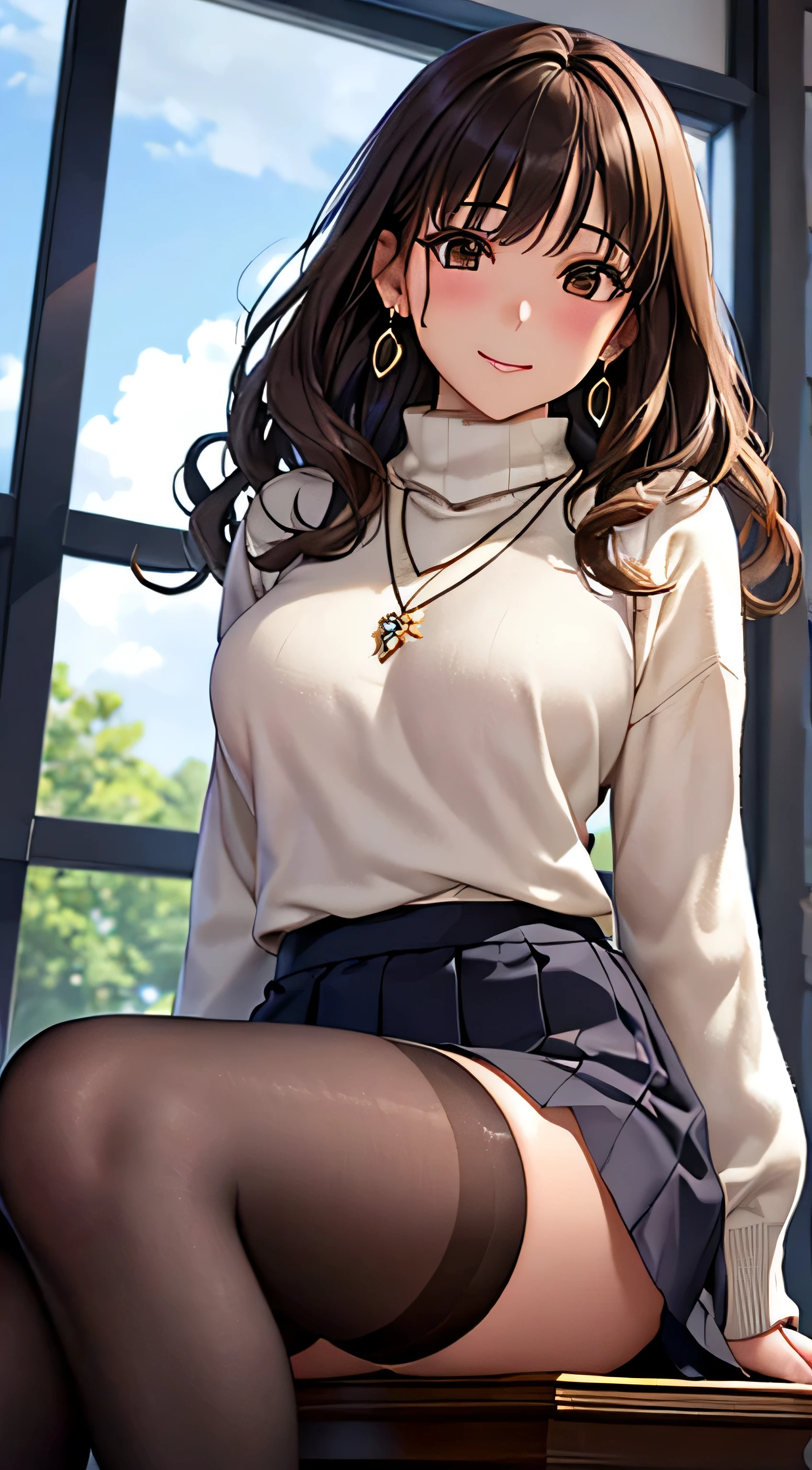 (table top, highest quality, High resolution, , perfect pixel, 4k,), 1 girl, single, alone, Beautiful woman、I could see the whole body、 ((wavy mid-length hair, bangs, brown hair)), ((brown eyes, beautiful eyelashes, realistic eyes)), ((detailed face, blush:1.2)), ((smooth texture:0.75, realistic texture:0.65, realistic:1.1, Anime CG style)), ??????????????, dynamic angle, perfect body, ((, female teacher, , earrings、necklace、turtleneck sweater、、black knee high stockings、open both ?????????、Middle flared skirt、shy smile、Sitting at the pulpit、emphasize the ?????)), Upper grade、、、evening、、(You can see the blue and white lace panties、、(、)、angle from below)、
