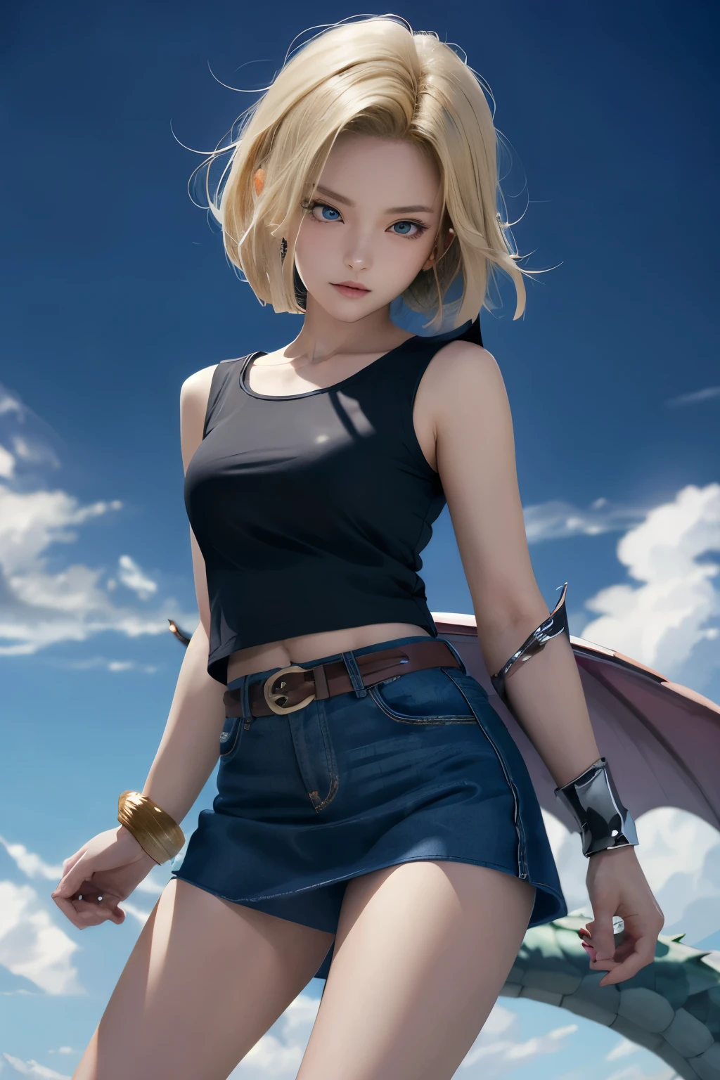 Anime Dragon Ball Android 18、highest quality、masterpiece、real、high resolution、jeans mini tight skirt、sharp eyes、Light Blue Eyes、real人造人間18号