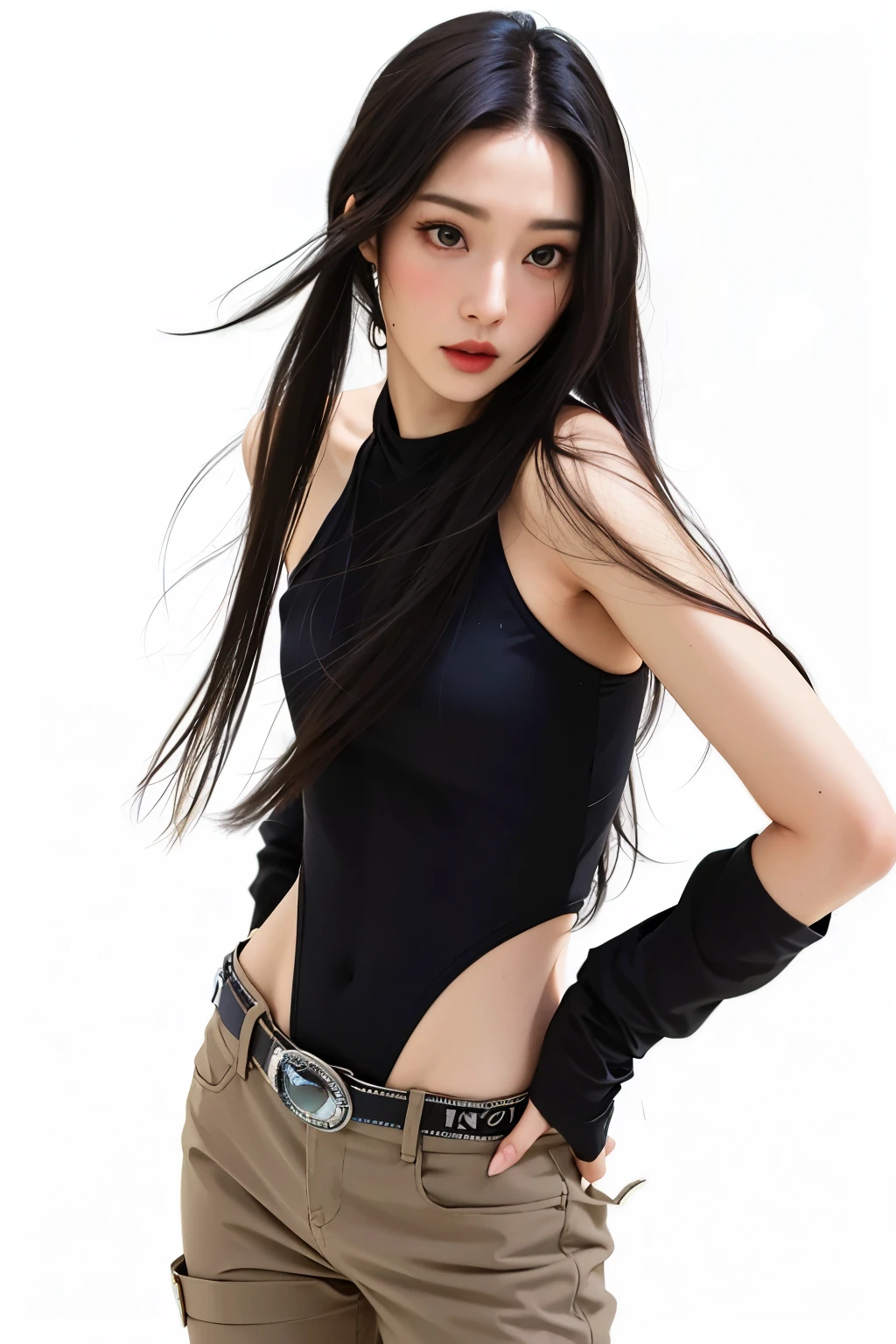 un primer plano de una mujer con un top negro y pantalones color canela, foto de modelo chica delgada, pelo negro largo y fino, 2 4 year old female model, mujer con pelo largo y negro, Asian girl with long hair, Xision Wu, gemma chen, wenfei ye, pelo largo y negro en una cola de caballo, Gongbi, Lulu Chen, modelo de moda femenina coreana BLACKPINK LISA BLACKPINK LISA FACE LISA BLACKPINK LISA