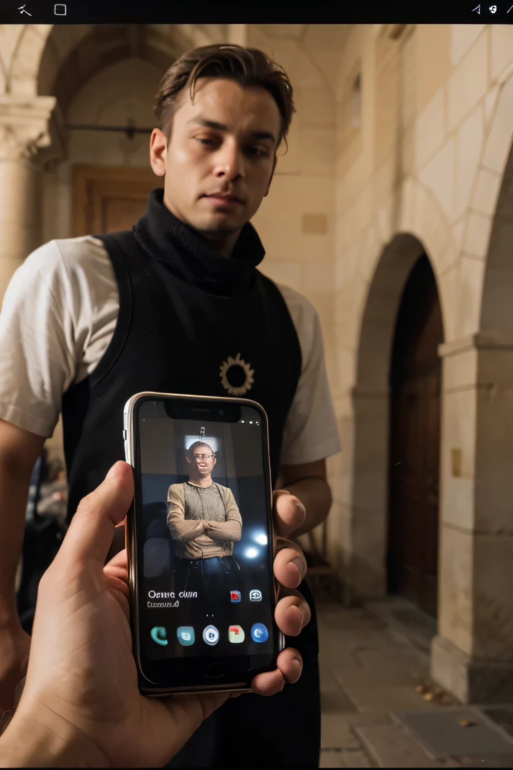 Take a first-person image of just a person's arms holding a cell phone with the image of Don Quixote open on that person's screen'hand. Para o fundo, utilize elementos medievais, como cavaleiros, castelos