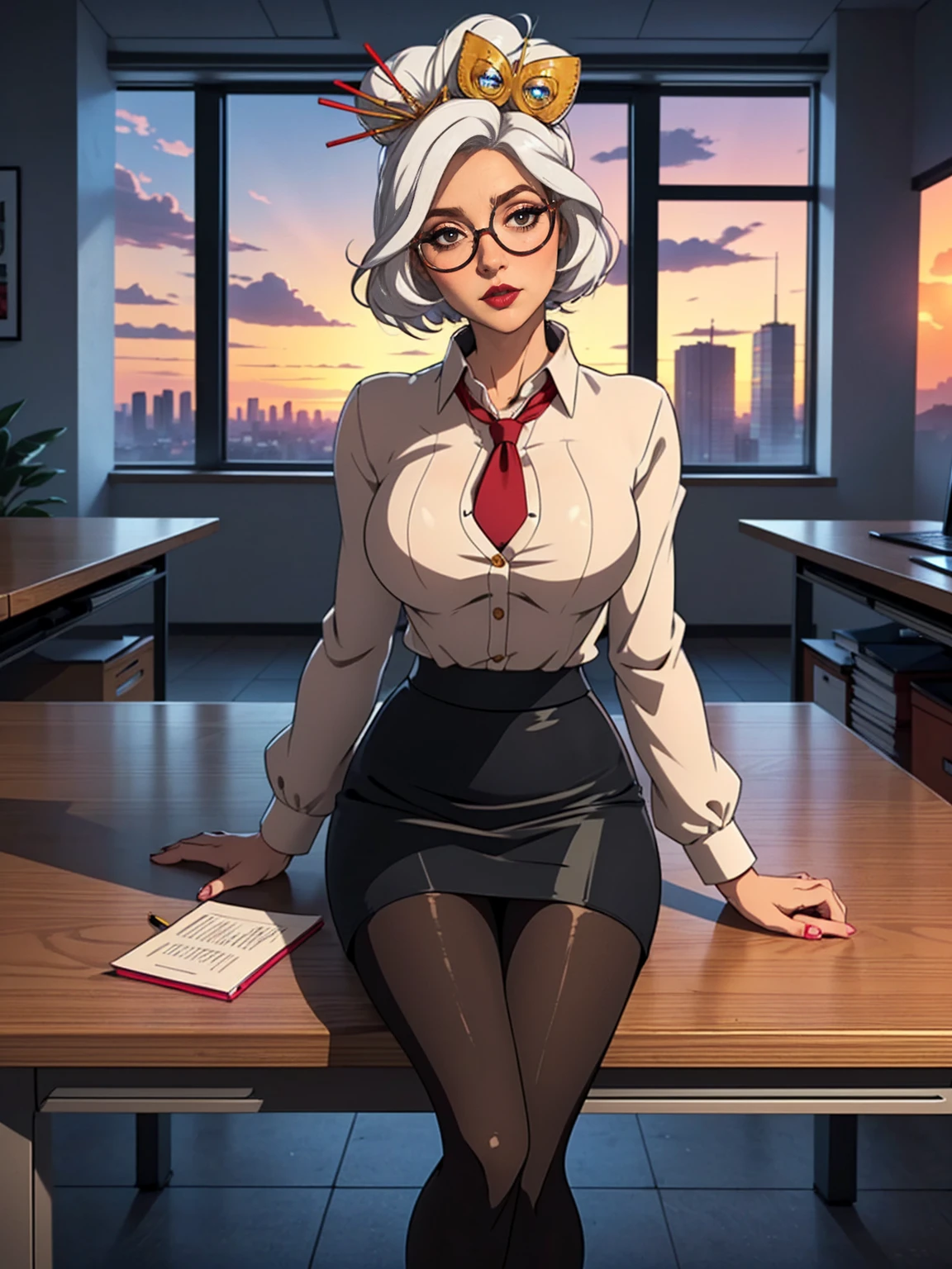 ((Masterpiece, standing,Best Quality, Purah, White Hair, brown Eyes, Red Headband, Hair Ornament, Hair Sticks, Red Glasses, shy, Smug)), ((pink lipstick, Extremely detailed, ambient soft lighting, 4k, perfect eyes, a perfect face, perfect lighting, a 1girl)), ((Officelady, Black suit, tie ((female suit, Black tight skirt, long skirt, pencil skirt, White blouse, Black tights)), High pumps with black heels, Office, lana, Beautiful woman, gazing at viewer, Looking here, hight resolution, top-quality, full body, animations, (anime style), office, penthouse, executive room, large window, landscape of a metropolis ((sitting at the table)), sunset, clouds)), documents, books, table, shelves, pencil holder, computer, legs open, shapely thighs