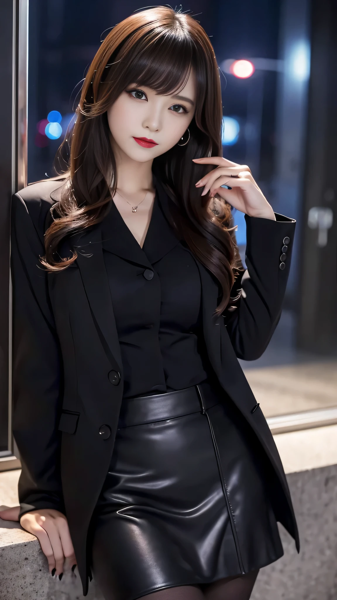 Super detailed、Japanese、charming beauty、seductive adult woman、Beautiful woman、sharp eyes、cool girl、wavy hair、flowing bangs、suit、Jacket、blouse、Tight Skirt、pantyhose、beautiful feet、evilの幹部、evil depravity、brainwashing、Mind control、lipstick、grin、evilな表情、evil、empty eyes、evil、night walk、vampire、Succubus、vampire、Possessed and turned black、Swear allegiance
