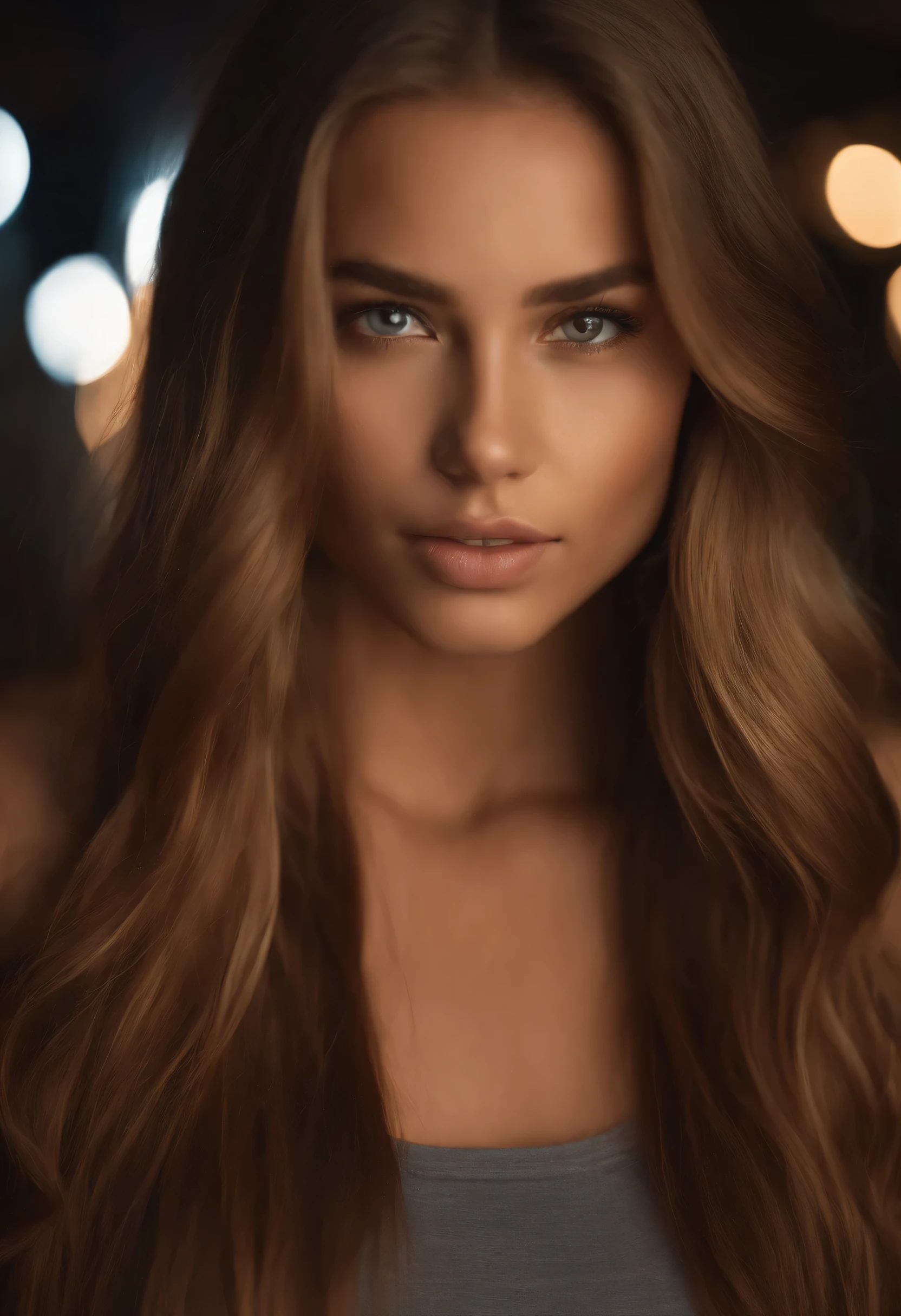 Natural photography of a girl, wearing a loose crop top, leaning over, long straight light brown hair, locks eyes into the camera, symmetrical eyes, symmetrical face, photorealistic, photography, path tracing, specular lighting, volumetric face light, path traced hair, visible shadows, intricate, elaborate, club art background