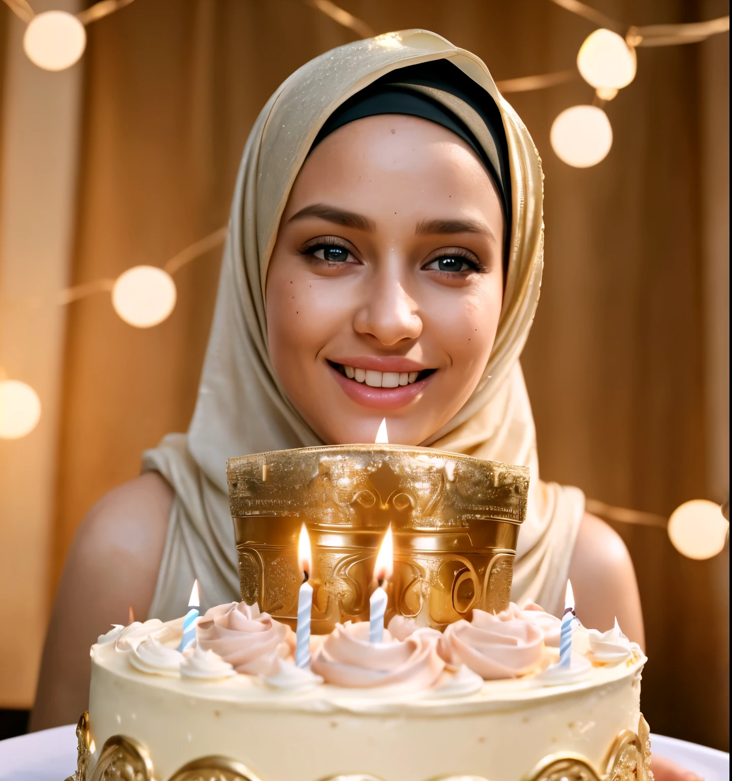 angel, armor gold (masterpiece, best quality, high resolution:1.4), 1girl, angel, skin pores texture, Hair blonde, HD , Photography, movie, cinematic, full Body, Realistic, (8k, RAW photo, best quality, masterpiece:1.2), (realistic, photo-realistic:1.33), best quality, detailed eyes blue, cute,natural lighting, depth of field, film grain, wrinkled skin, sharp, detailed and realistic portrait of a woman ,(freckles:0.5) A 1 year old girl wearing a hijab is jumping happily to welcome her birthday, the face looks detailed, high graphics, blurry back screen, birthday decorations and a birthday cake with the number 1 candle lit.