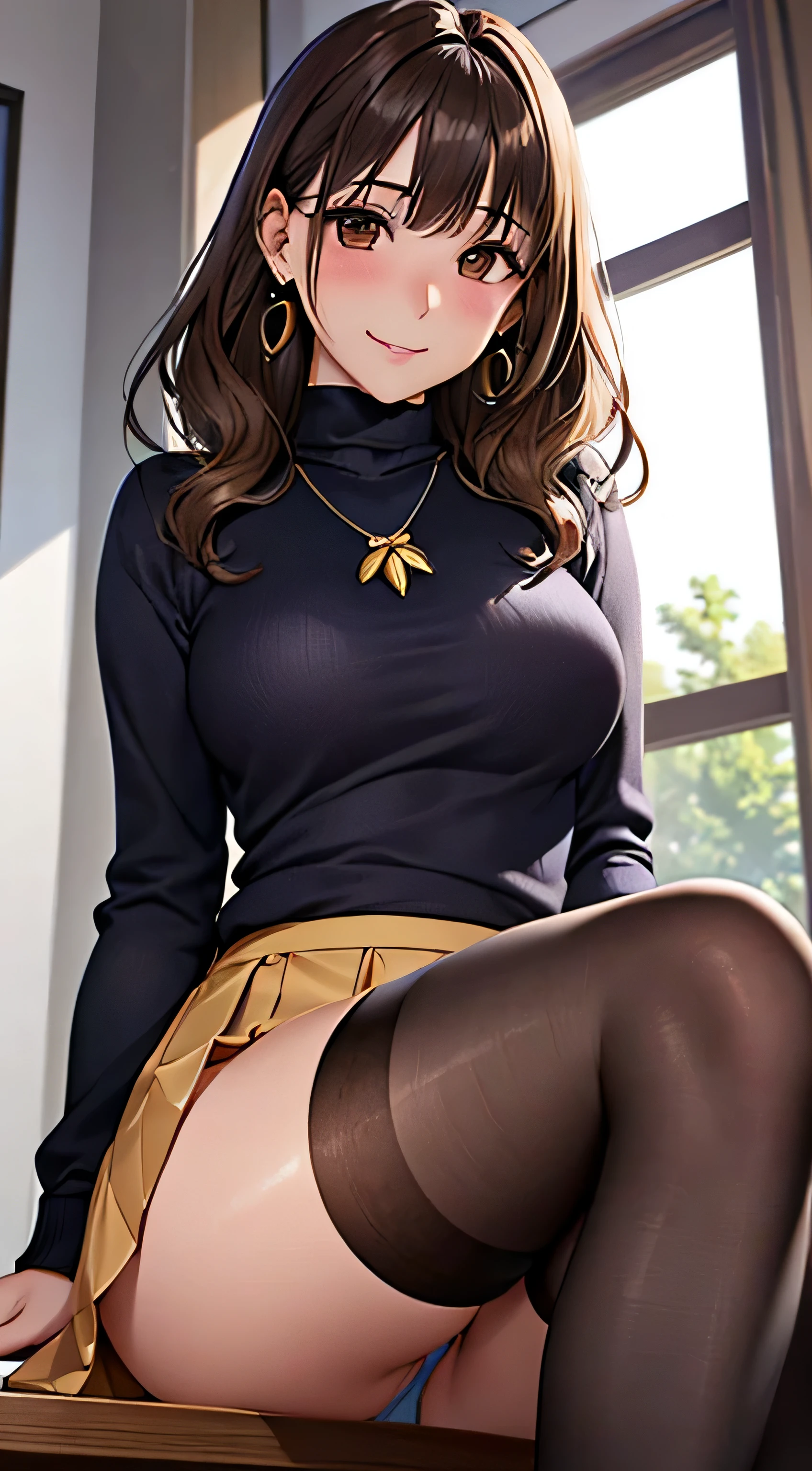 (table top, highest quality, High resolution, , perfect pixel, 4k,), 1 girl, single, alone, Beautiful woman、I could see the whole body、 ((wavy mid-length hair, bangs, brown hair)), ((brown eyes, beautiful eyelashes, realistic eyes)), ((detailed face, blush:1.2)), ((smooth texture:0.75, realistic texture:0.65, realistic:1.1, Anime CG style)), medium breasts, dynamic angle, perfect body, ((, female teacher, , earrings、necklace、turtleneck sweater、、black knee high stockings、open both legs wide、flare skirt、shy smile、Sitting at the pulpit、emphasize the chest)), Upper grade、、、evening、、(You can see the blue and white lace panties、、(、)、angle from below)、