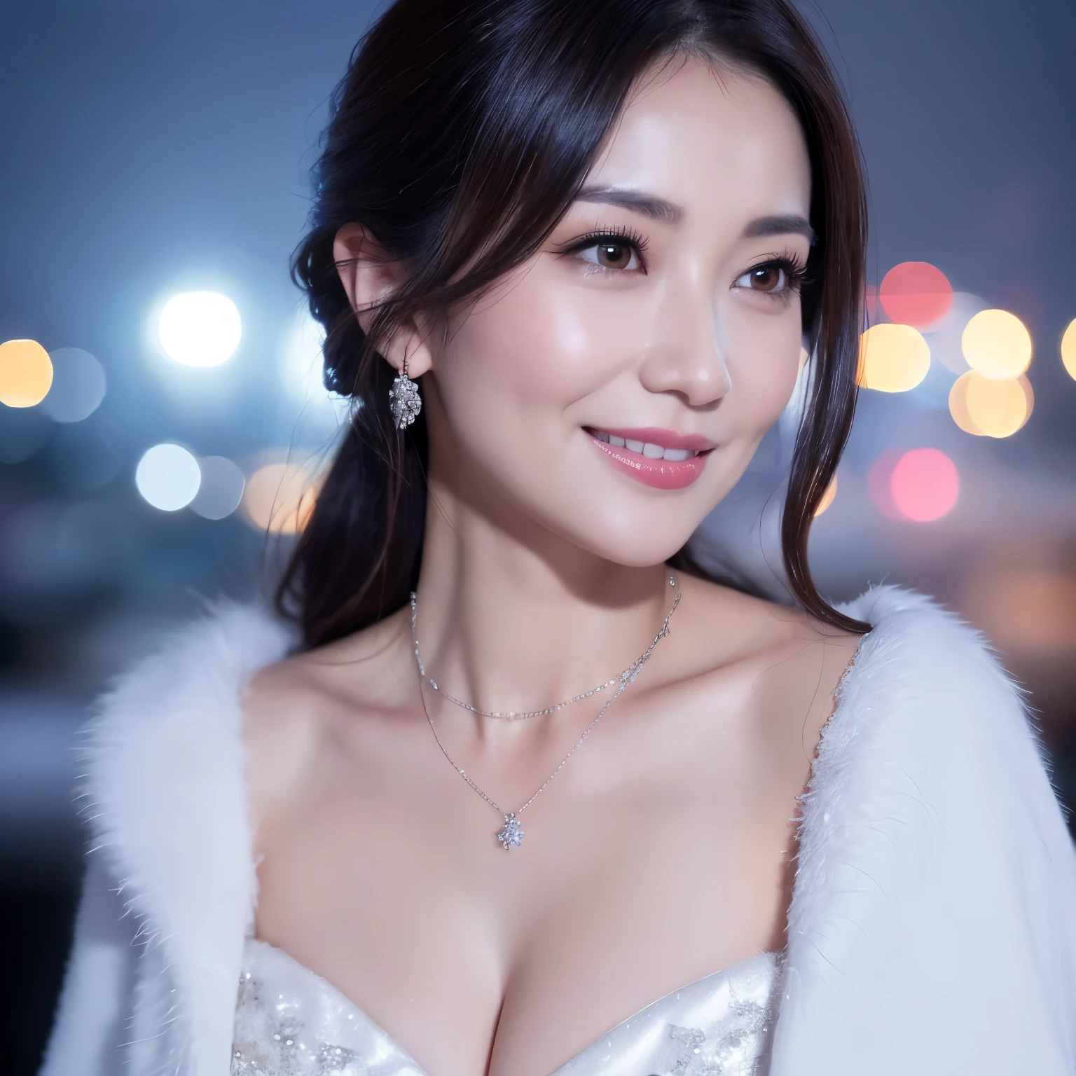 ((highest quality、table top、8K、best image quality、Award-winning work))、one beautiful mature woman、45 year old mature woman、smile looking at me、(close up of face:1.4)、(cleavage:1.2)、(big breasts:1.2)、(elegant thick fur coat:1.1)、epic movie lighting、(romantic love feelings:1.1)、(The most romantic and moody atmosphere:1.1)、winter city、Snowy landscape in the city、(The snow in the air sparkles finely:1.1)、(It&#39;s snowing heavily:1.1)、(Tyndall effect:1.1)、(Night view of the city with snow falling:1.2)、Shining beautiful skin、(accurate anatomy:1.1)、Ultra high definition beauty face、long eyelashes、natural makeup、ultra high definition hair、Ultra high definition eyes、(超高解像度でShining beautiful skin:1.1)、Super high resolution glossy lips、radiant beautiful skin