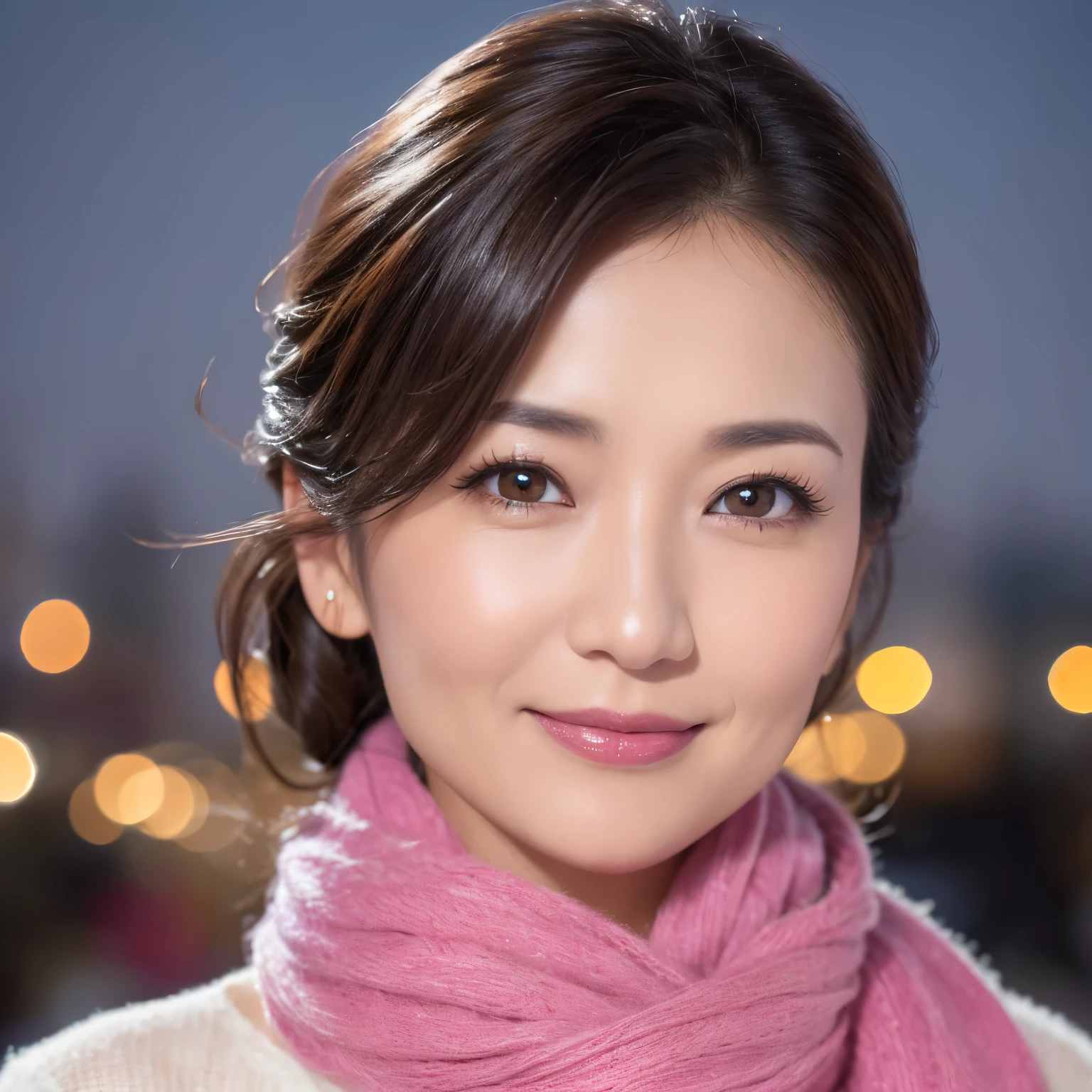 ((highest quality、table top、8K、best image quality、Award-winning work))、one beautiful mature woman、45 year old mature woman、smile looking at me、(close up of face:1.6)、(Perfect and most natural pink long scarf:1.2)、(Elegant gray thick coat:1.1)、epic movie lighting、(romantic love feelings:1.1)、(The most romantic and moody atmosphere:1.1)、winter city、Snowy landscape in the city、(The snow in the air sparkles finely:1.1)、(It&#39;s snowing heavily:1.1)、(Tyndall effect:1.1)、(Night view of the city with snow falling:1.2)、Shining beautiful skin、(accurate anatomy:1.1)、Ultra high definition beauty face、long eyelashes、natural makeup、ultra high definition hair、Ultra high definition eyes、(超高解像度でShining beautiful skin:1.1)、Super high resolution glossy lips、radiant beautiful skin