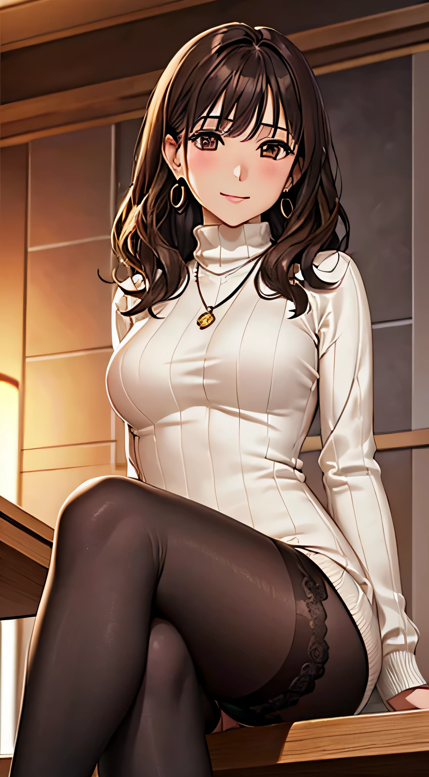 (table top, highest quality, High resolution, , perfect pixel, 4k,), 1 girl, single, alone, Beautiful woman、I could see the whole body、 ((wavy mid-length hair, bangs, brown hair)), ((brown eyes, beautiful eyelashes, realistic eyes)), ((detailed face, blush:1.2)), ((smooth texture:0.75, realistic texture:0.65, realistic:1.1, Anime CG style)), medium breasts, dynamic angle, perfect body, ((, female teacher, , earrings、necklace、turtleneck sweater、、black knee high stockings、open both legs wide、flare skirt、shy smile、Sitting at the pulpit、emphasize the chest)), Upper grade、、、evening、、(You can see the blue and white lace panties、、(、)、angle from below)、