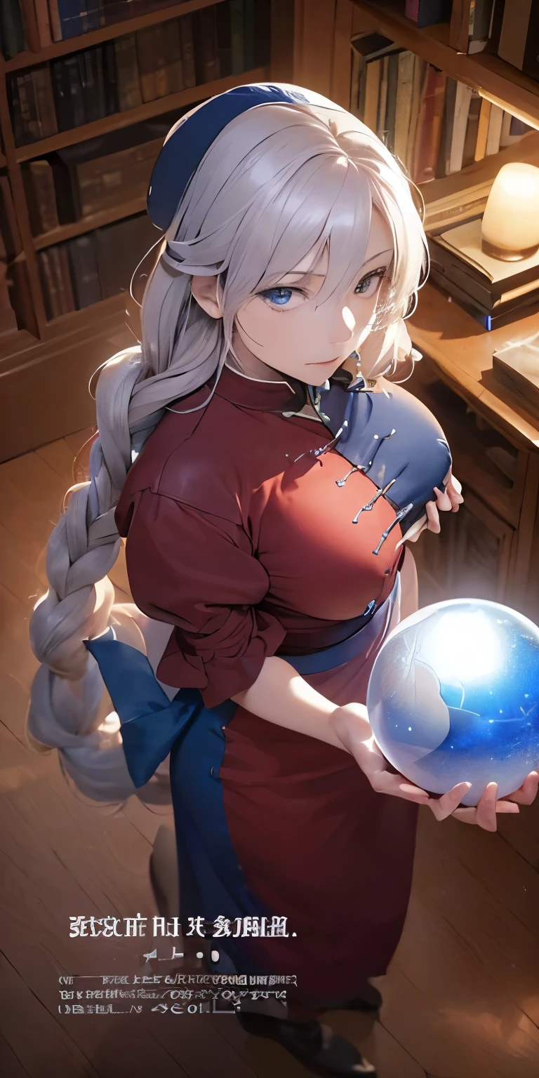 (masterpiece, best quality:1.3), (from above:1.3), Yagokoro Eirin, Touhou Series, perfect face, expressive eyes, 1woman, looking at viewer, 38 years old, gorgeous body, big breast, beautiful, anime, lora,1woman, silver hair, braid hair, nurse cap, red and blue clothes, long skirt, (evil look, looking down on viewer:1.5), (cinematic lighting, realistic, dream-like, enchanting atmosphere:1.5), (photo of a woman in her dark and mysterious environment:1.3), (the woman surrounded by an aura of mystery and intrigue:1.3), (in the middle of a massive modern library in the style of Tianjin Library:1.3), (candles flickering, casting dancing shadows around the room:1.3), (the dim lighting adding to the ambiance of secrecy and mysticism:1.3), (a crystal ball nearby, adding to the mystical setting:1.3), (symbols of astrology and esoteric knowledge decorating the room:1.3), (a hint of incense in the air, adding to the sensory experience:1.3),