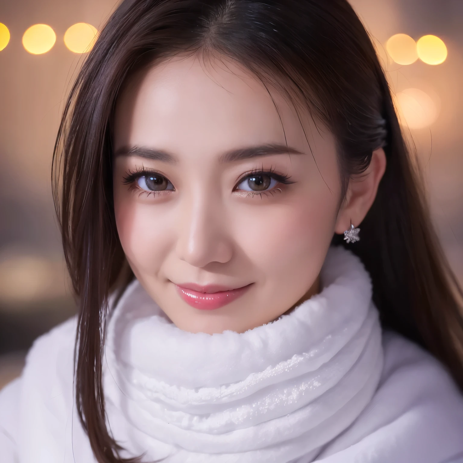 ((highest quality、table top、8K、best image quality、Award-winning work))、one beautiful woman、smile looking at me、(close up of face:1.6)、(The perfect and most natural long muffler:1.2)、(elegant thick coat:1.1)、epic movie lighting、(romantic love feelings:1.1)、(The most romantic and moody atmosphere:1.1)、winter city、Snowy landscape in the city、(The snow in the air sparkles finely:1.1)、(It&#39;s snowing heavily:1.1)、(Tyndall effect:1.1)、(Night view of the city with snow falling:1.2)、Shining beautiful skin、(accurate anatomy:1.1)、Ultra high definition beauty face、long eyelashes、natural makeup、ultra high definition hair、Ultra high definition eyes、(超高解像度でShining beautiful skin:1.1)、Super high resolution glossy lips、radiant beautiful skin