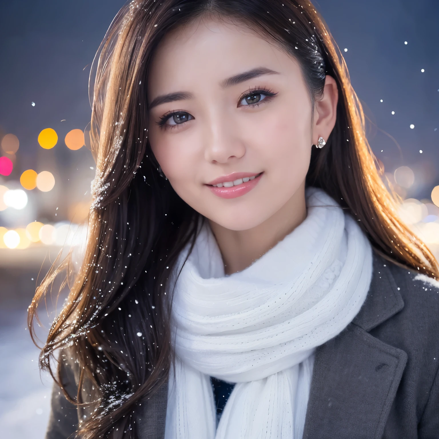 ((highest quality、table top、8K、best image quality、Award-winning work))、one beautiful woman、smile looking at me、(close up of face:1.6)、(The perfect and most natural long muffler:1.2)、(elegant thick coat:1.1)、epic movie lighting、(romantic love feelings:1.1)、(The most romantic and moody atmosphere:1.1)、winter city、Snowy landscape in the city、(The snow in the air sparkles finely:1.1)、(It's snowing heavily:1.1)、(Tyndall effect:1.1)、(Night view of the city with snow falling:1.2)、Shining beautiful skin、(accurate anatomy:1.1)、Ultra high definition beauty face、long eyelashes、natural makeup、ultra high definition hair、Ultra high definition eyes、(超高解像度でShining beautiful skin:1.1)、Super high resolution glossy lips、radiant beautiful skin