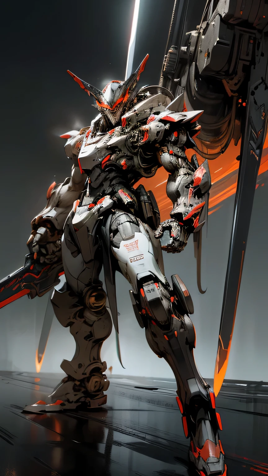 (best quality, highres:1.2), ultra-detailed, physically-based rendering, vivid colors, intense lighting, white gold and black mech suit, hold a sword with a red edge, metallic texture, intricate mechanical details, powerful stance, glowing eyes, sharp reflections, contrasting shadows, dynamic pose, futuristic setting, dystopian atmosphere