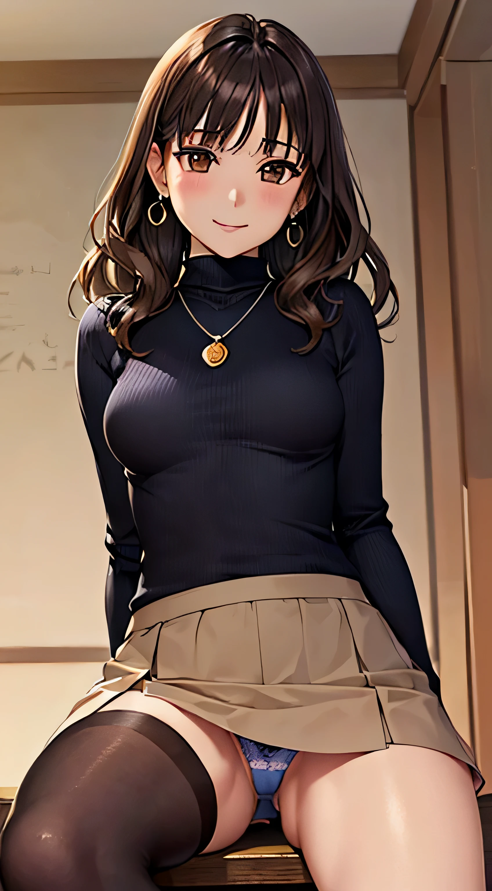 (table top, highest quality, High resolution, , perfect pixel, 4k,), 1 girl, single, alone, Beautiful woman、I could see the whole body、 ((wavy mid-length hair, bangs, brown hair)), ((brown eyes, beautiful eyelashes, realistic eyes)), ((detailed face, blush:1.2)), ((smooth texture:0.75, realistic texture:0.65, realistic:1.1, Anime CG style)), medium breasts, dynamic angle, perfect body, ((, female teacher, , earrings、necklace、turtleneck sweater、、black knee high stockings、open both legs wide、flare skirt、shy smile、Sitting at the pulpit、emphasize the chest)), Upper grade、、、evening、、(You can see the blue and white lace panties、、(、)、angle from below)、