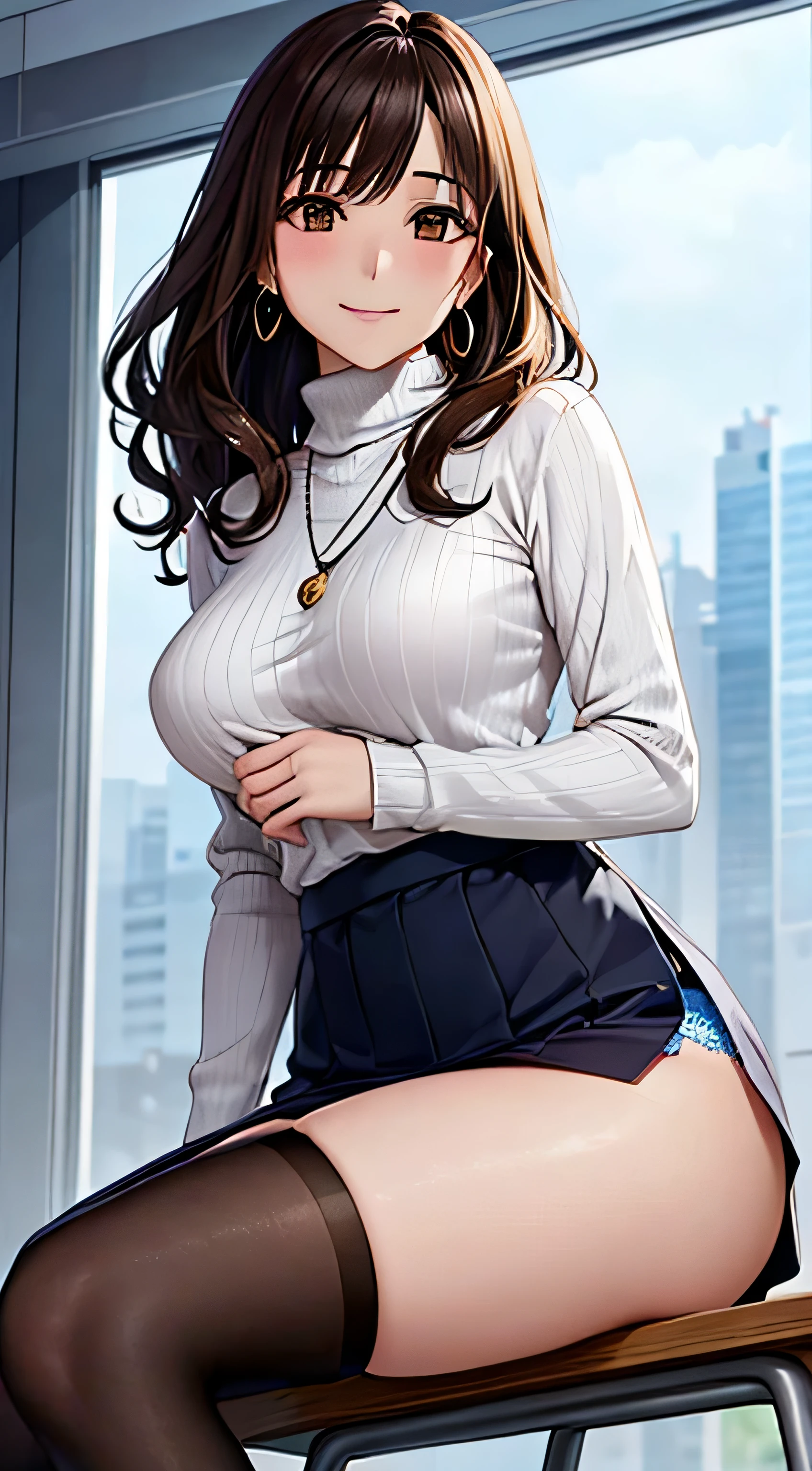 (table top, highest quality, High resolution, , perfect pixel, 4k,), 1 girl, single, alone, Beautiful woman、I could see the whole body、 ((wavy mid-length hair, bangs, brown hair)), ((brown eyes, beautiful eyelashes, realistic eyes)), ((detailed face, blush:1.2)), ((smooth texture:0.75, realistic texture:0.65, realistic:1.1, Anime CG style)), medium breasts, dynamic angle, perfect body, ((, female teacher, , earrings、necklace、turtleneck sweater、、black knee high stockings、open both legs wide、flare skirt、shy smile、Sitting at the pulpit、emphasize the chest)), Upper grade、、、evening、、(You can see the blue and white lace panties、、(、)、angle from below)、
