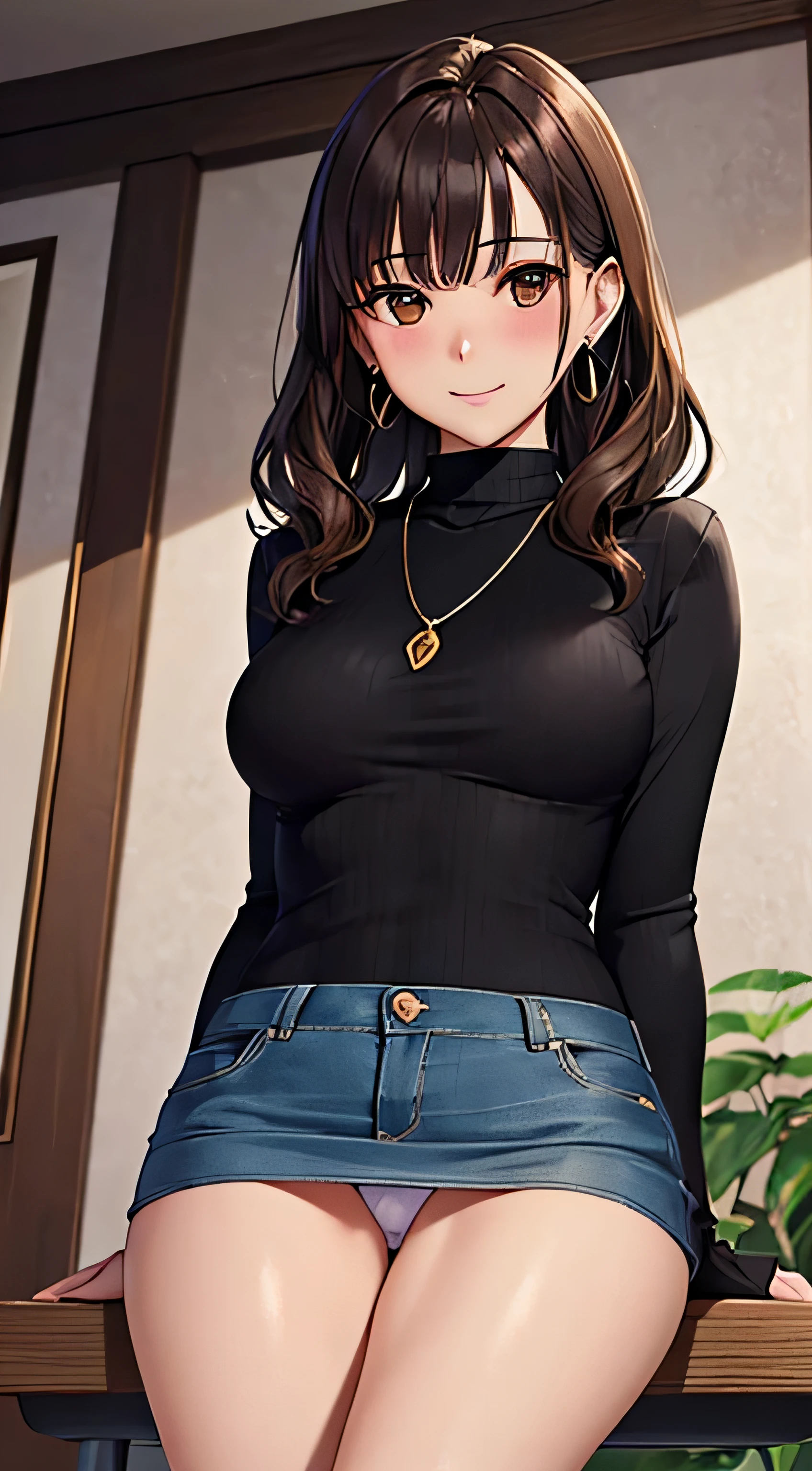 (table top, highest quality, High resolution, , perfect pixel, 4k,), 1 girl, single, alone, Beautiful woman、I could see the whole body、 ((wavy mid-length hair, bangs, brown hair)), ((brown eyes, beautiful eyelashes, realistic eyes)), ((detailed face, blush:1.2)), ((smooth texture:0.75, realistic texture:0.65, realistic:1.1, Anime CG style)), medium breasts, dynamic angle, perfect body, ((, female teacher, , earrings、necklace、turtleneck sweater、、black knee high stockings、open both legs wide、Tight denim skirt、shy smile、Sitting at the pulpit、emphasize the chest)), Upper 、、、evening、、(You can see the blue and white lace panties、、(、)、angle from below)、