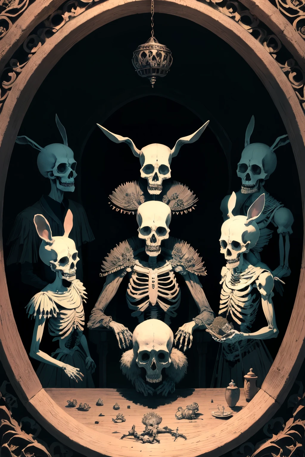 Masterpiece of the Skeleton King, with best quality etching, A thousand devils trembling in intricate detail, huddled in a bunnies' hole.