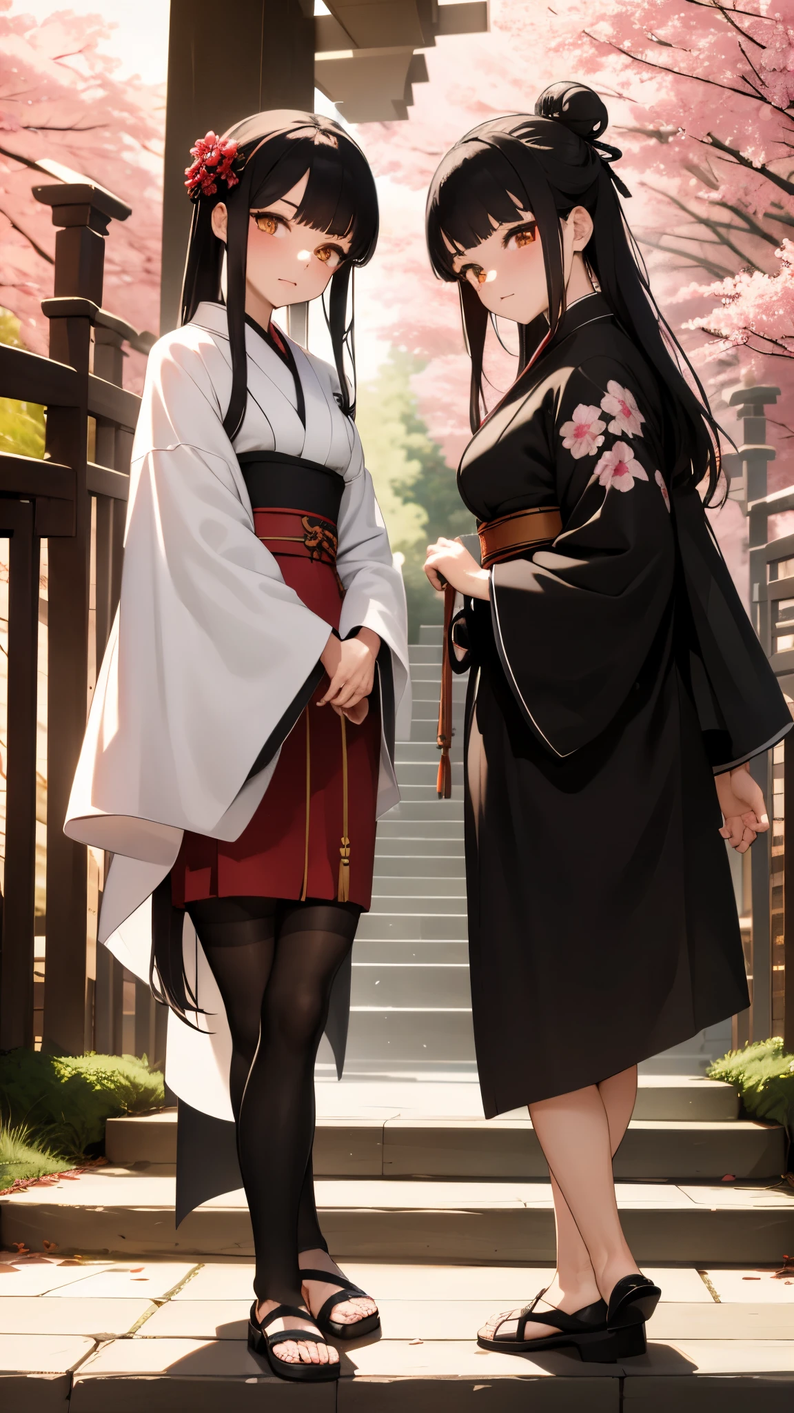 ((masterpiece,best quality)),2girls, black kimono, black legwear, black ribbon, black hair, cherry blossoms, day, flower, hair bun, hair ribbon, japanese clothes, kimono, long hair, looking at viewer, looking back , multiple girls, belts, outdoors, red eyes, red hair, ribbon, sandals, single bun, stairs, standing, statue, torii, tree, white kimono, yellow eyes