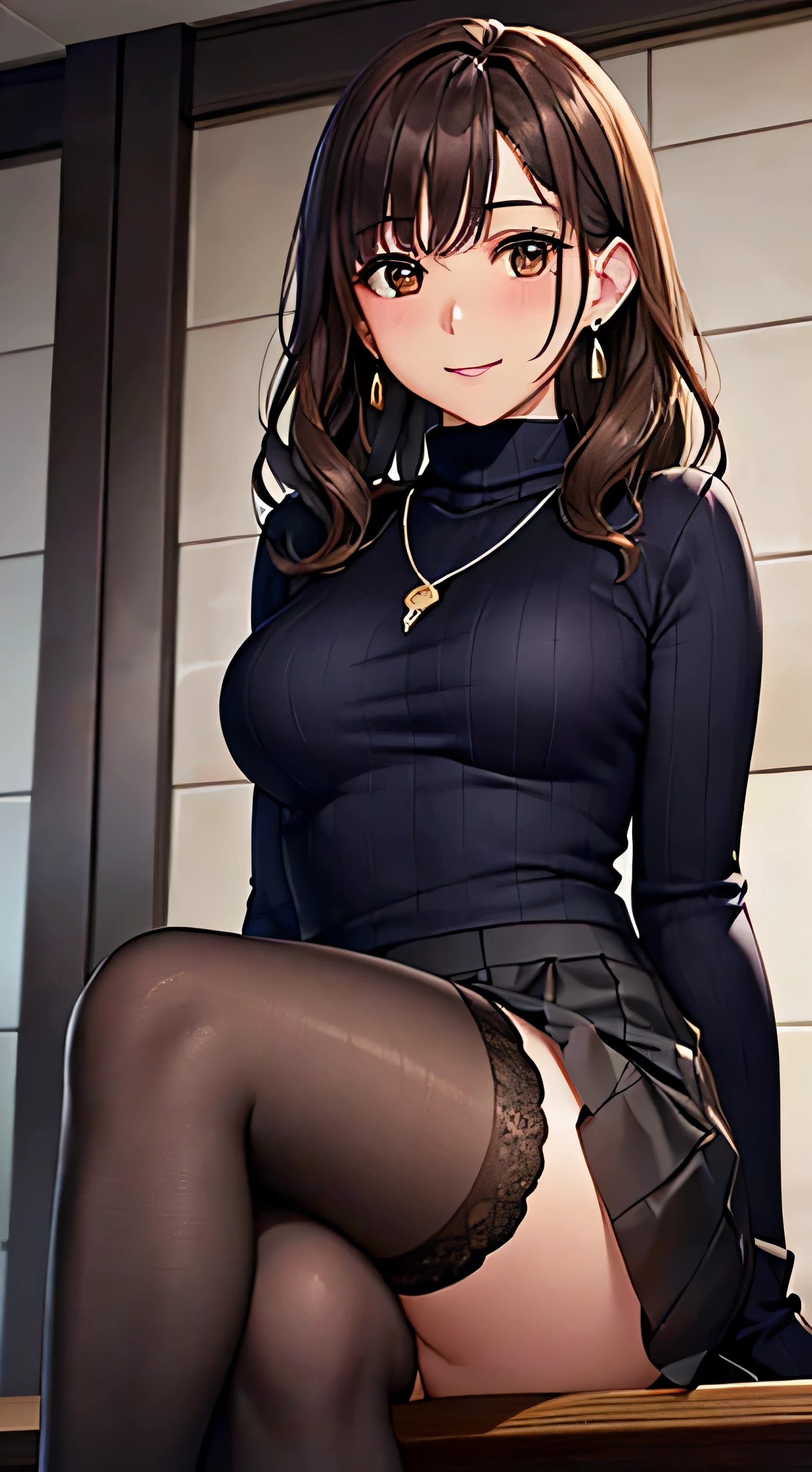 (table top, highest quality, High resolution, , perfect pixel, 4k,), 1 girl, single, alone, Beautiful woman、I could see the whole body、 ((wavy mid-length hair, bangs, brown hair)), ((brown eyes, beautiful eyelashes, realistic eyes)), ((detailed face, blush:1.2)), ((smooth texture:0.75, realistic texture:0.65, realistic:1.1, Anime CG style)), medium breasts, dynamic angle, perfect body, ((, female teacher, , earrings、necklace、turtleneck sweater、、black knee high stockings、open both legs wide、long flare skirt、shy smile、Sitting at the pulpit、emphasize the chest)), Upper grade、、、evening、、(You can see the blue and white lace panties、、(、)、angle from below)、