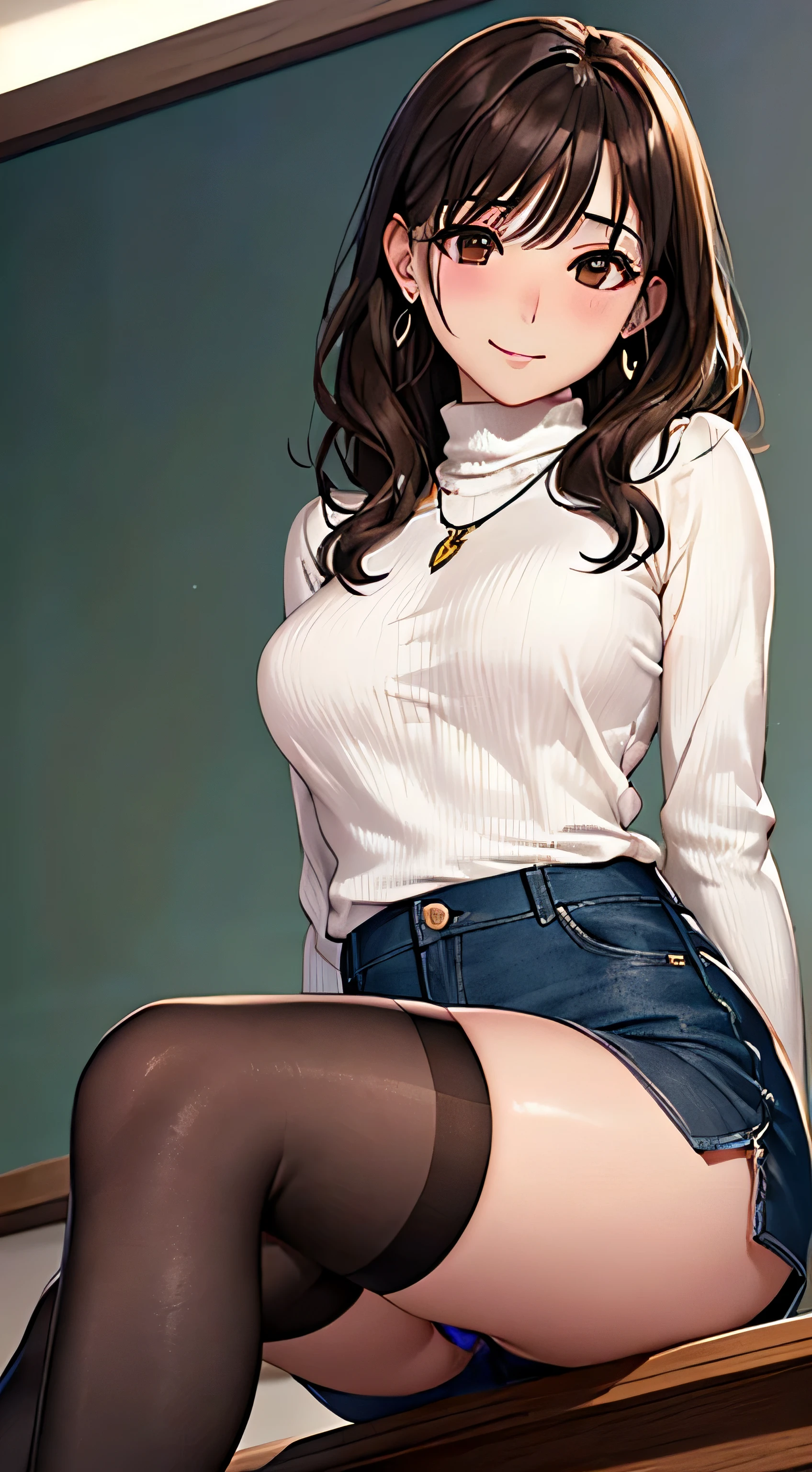 (table top, highest quality, High resolution, , perfect pixel, 4k,), 1 girl, single, alone, Beautiful woman、I could see the whole body、 ((wavy mid-length hair, bangs, brown hair)), ((brown eyes, beautiful eyelashes, realistic eyes)), ((detailed face, blush:1.2)), ((smooth texture:0.75, realistic texture:0.65, realistic:1.1, Anime CG style)), medium breasts, dynamic angle, perfect body, ((, female teacher, , earrings、necklace、turtleneck sweater、、black knee high stockings、open both legs wide、Tight denim skirt、shy smile、Sitting at the pulpit、emphasize the chest)), Upper 、、、evening、、(You can see the blue and white lace panties、、(、)、angle from below)、