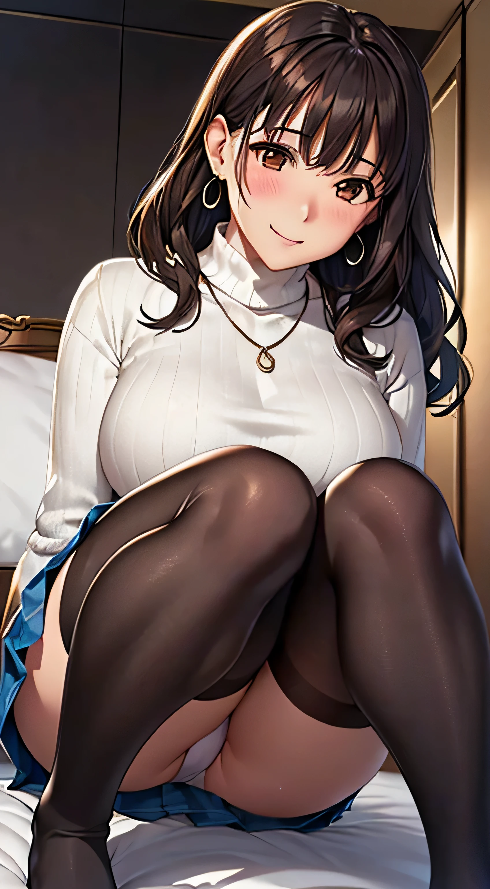 (table top, highest quality, High resolution, , perfect pixel, 4k,), 1 girl, single, alone, Beautiful woman、I could see the whole body、 ((wavy mid-length hair, bangs, brown hair)), ((brown eyes, beautiful eyelashes, realistic eyes)), ((detailed face, blush:1.2)), ((smooth texture:0.75, realistic texture:0.65, realistic:1.1, Anime CG style)), soft chest, dynamic angle, perfect body, ((,, , earrings、necklace、white turtleneck sweater、、black knee high stockings、Denim Tight Skirt、open both legs wide、open both knees、shy smile)),、、、、(luxury hotel bed、sleep on your back)、、Close your chest with both arms、(You can see the white and light blue lace panties))、angle from below)、