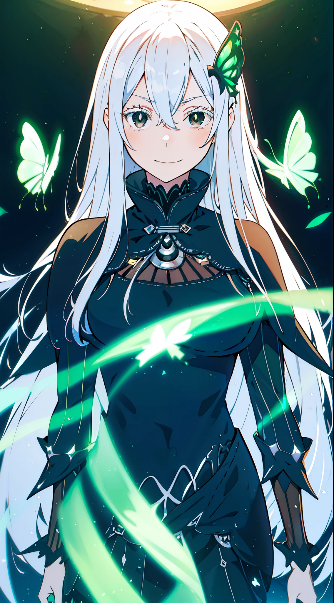 confused, High resolution, Super detailed, echidna, brown eyes, medium breasts, butterfly hair ornament, (colored eyelashes:1.1), capelet, black dress, long sleeve, looking at the viewer, evil smile, another world color, surreal landscape, invisible light, fantastic shine, neon green glow, bright colors, ghostly effect