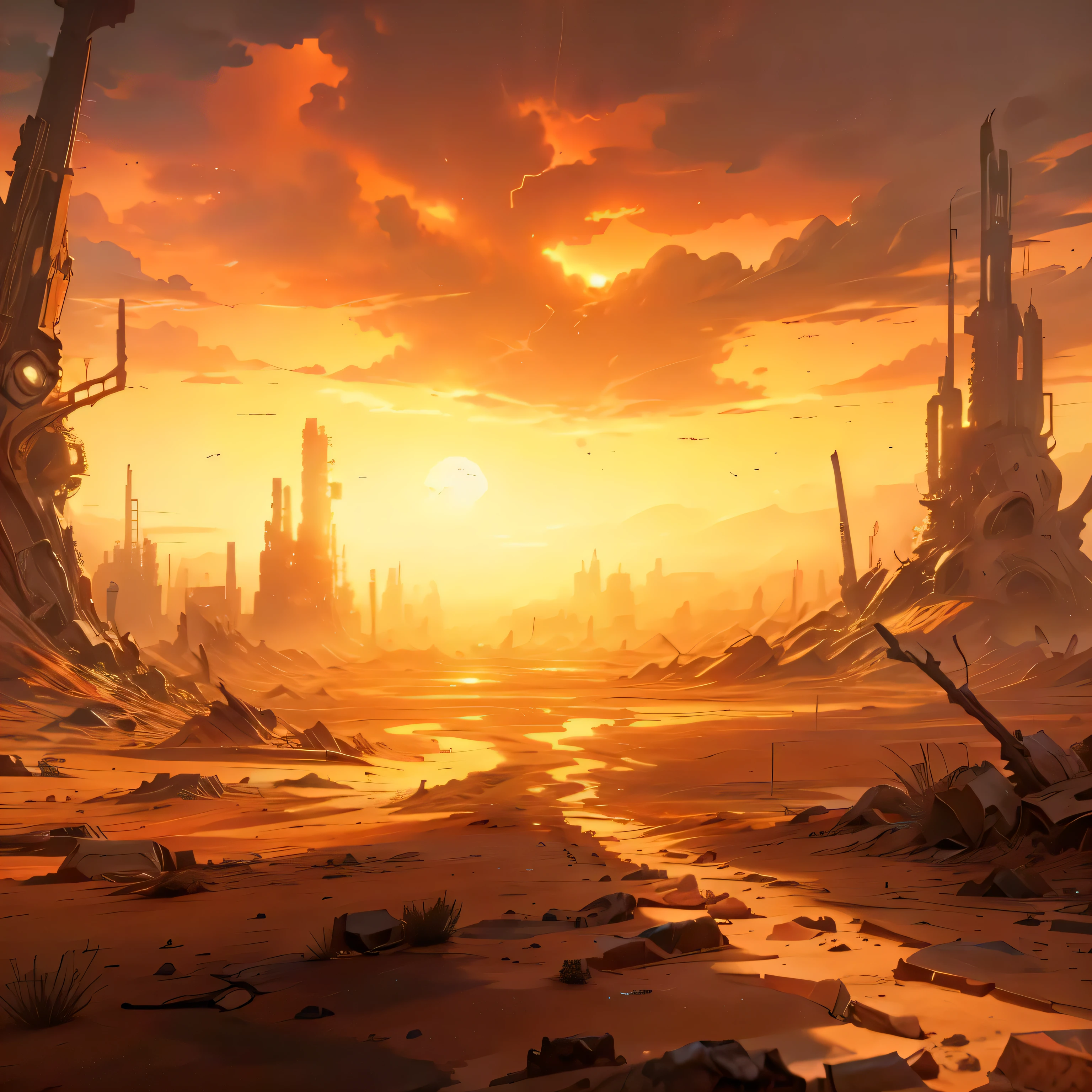 Anime painting of a desert landscape with a sunset in the background, Horrific scene,! End of the world scene!!, End of the world scene!!!!!, End of the world scene, End of the world scene, Apocalypse mode, deserted Wasteland, Horrific environment, fantasy Horrific environment, Apocalypse art, Wasteland, The end of the world after Earth, Environmental art concept, End of the world scene, Silphan Sarail, The anime landscape of Apocalypse City, Destroyed area, He. She&#39;About to set up