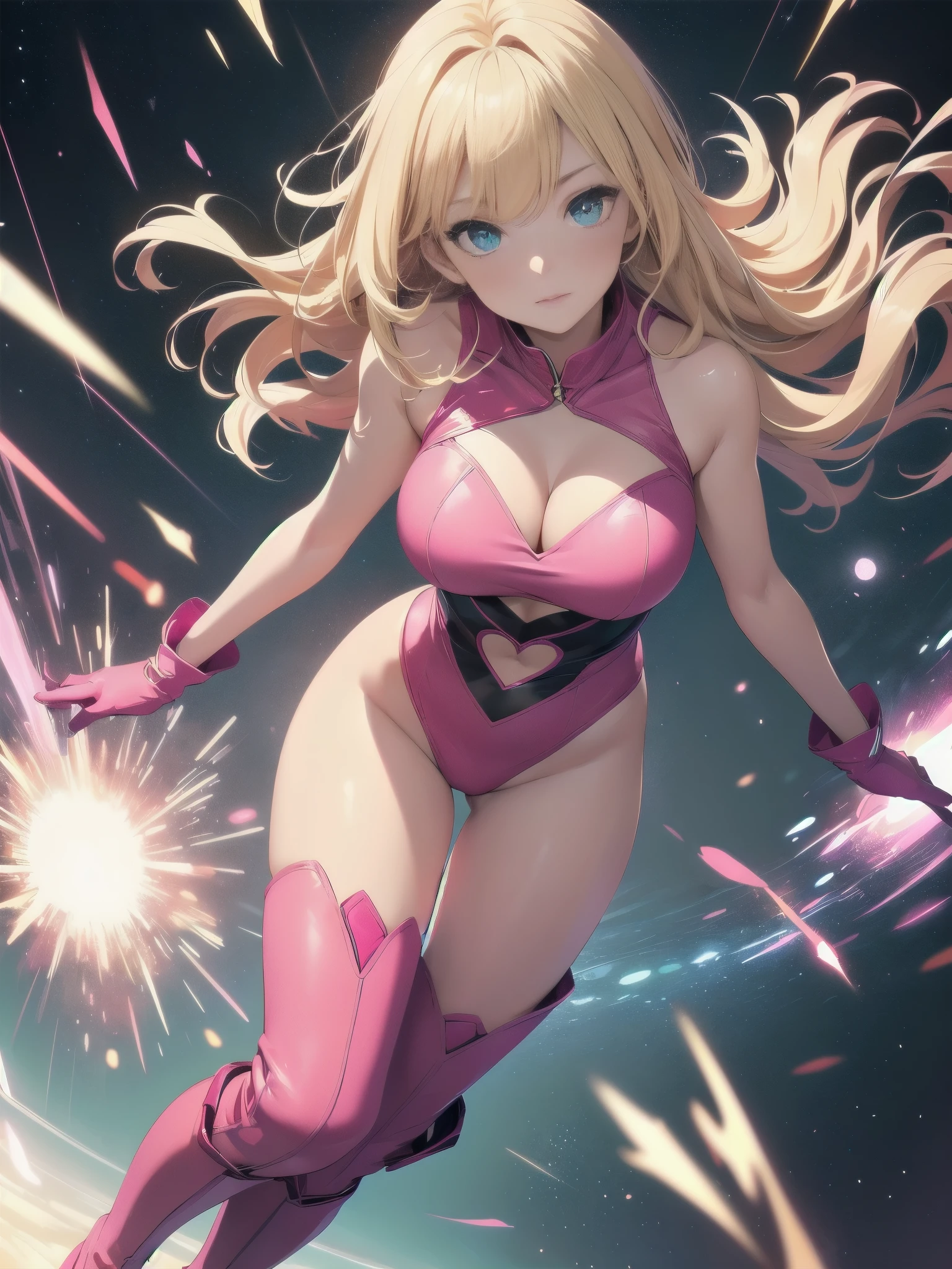 ((masterpiece)), ((best quality)), ((high res)), 1girl, solo, (leotard, pink leotard, solid pink leotard, perfect leotard, sleeveless), bare legs, (matching boots, knee boots, pink footwear), looking at the viewer, (perfect hands), perfect eyes, perfect legs, perfect arms, perfect fingers, perfect anatomy, medium breasts, (gloves, matching gloves, pink gloves), (blonde hair, long hair, bangs), (blue eyes, beautiful detailed eyes) heart cutout, cute face, hair down, cleavage cutout, superhero, single, spread arms, standing, spinning like a tornado, light particles, sparkling, super speed, speed lines, space backdrop