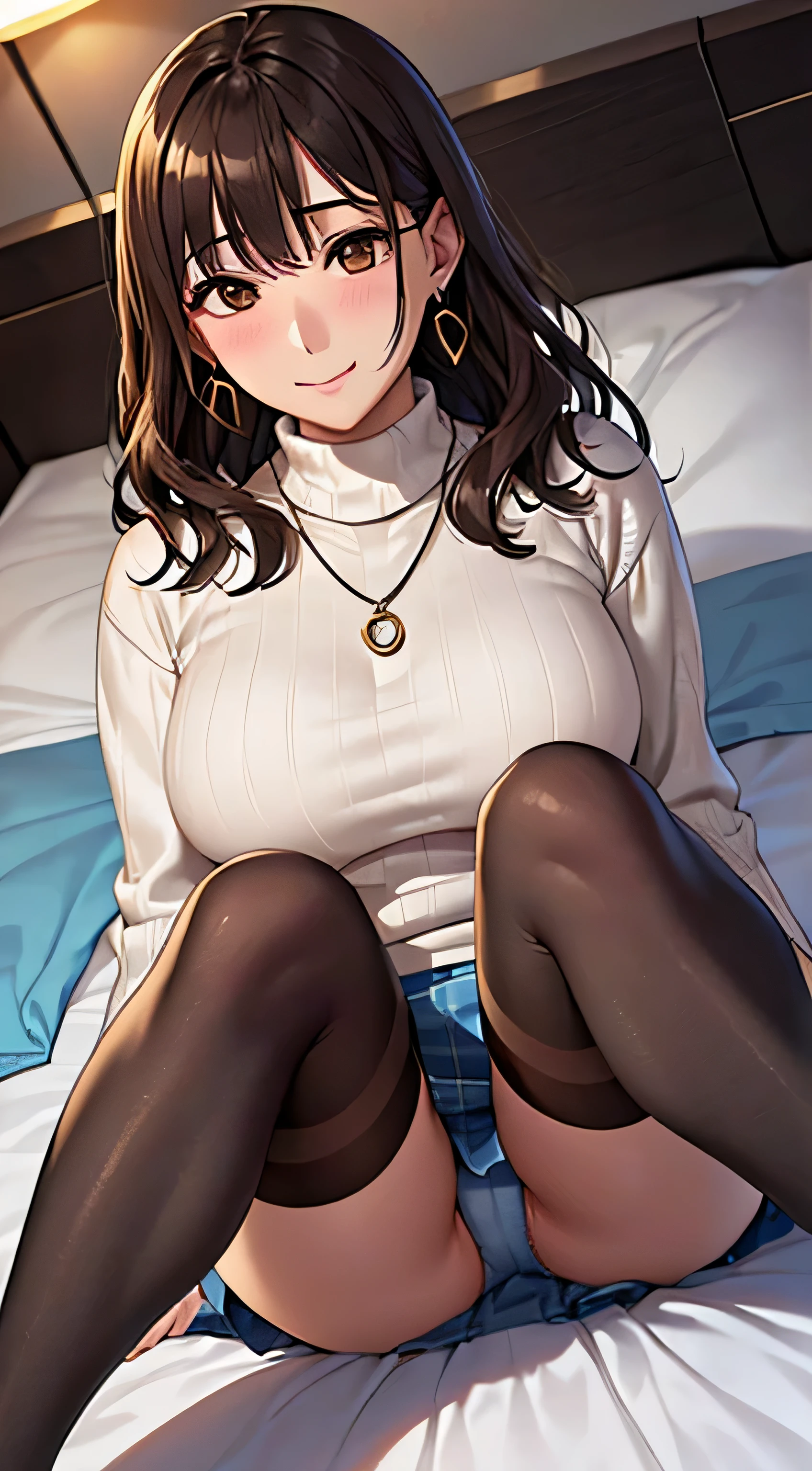 (table top, highest quality, High resolution, , perfect pixel, 4k,), 1 girl, single, alone, Beautiful woman、I could see the whole body、 ((wavy mid-length hair, bangs, brown hair)), ((brown eyes, beautiful eyelashes, realistic eyes)), ((detailed face, blush:1.2)), ((smooth texture:0.75, realistic texture:0.65, realistic:1.1, Anime CG style)), soft chest, dynamic angle, perfect body, ((,, , earrings、necklace、white turtleneck sweater、、black knee high stockings、Denim Tight Skirt、open both legs wide、open both knees、shy smile)),、、、、(luxury hotel bed、sleep on your back)、、Close your chest with both arms、(You can see the light blue lace panties))、angle from below)、