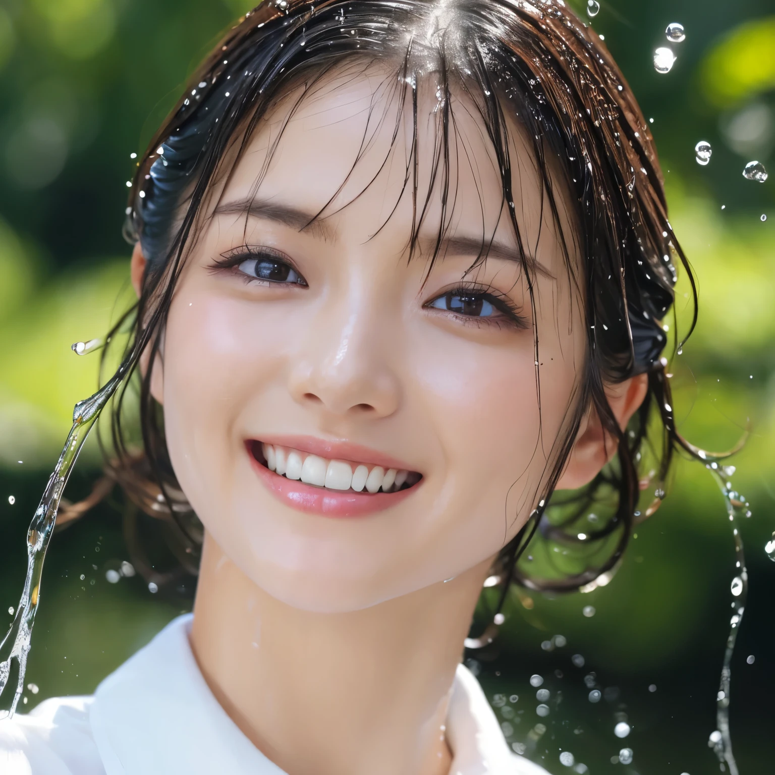 (highest quality、table top、8K、best image quality、Award-winning work)、(a soaking wet woman:1.1)、(White polyester open collared shirt:1.2)、(wet white collared open shirt:1.2)、(Fixed front configuration:1.1)、(My skin is visible through my wet shirt:1.1)、(Strongly blurred refreshing green background:1.1)、(very bright and refreshing:1.2)、(very cool advertising image:1.1)、(big breasts:1.1)、cleavage、emphasize body line、the best smile looking at me、Please smile and show your beautiful teeth、perfect makeup、With bangs、Ultra high definition beauty face、ultra high definition hair、Super high-definition sparkling eyes、Super high resolution glossy lips、accurate anatomy、(very bright and vivid:1.1)、(Close-up of wet face:1.3)、(The most natural and perfect freshwater splash:1.2)、(fresh water splash:1.1)、(Perfectly reproduces the texture of wet hair:1.1)、(wet and shiny skin:1.1)、(wet and shiny hair:1.1)
