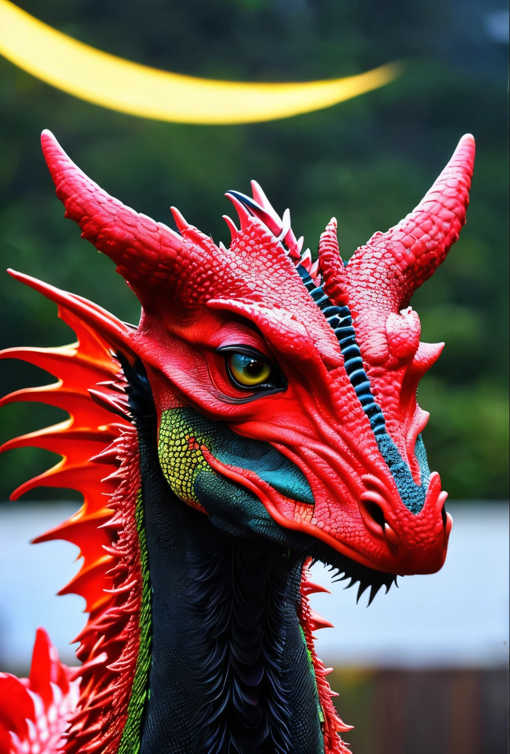 Realista- dragon negro con rasgos de color rojo y este viendo haci al frente con una mirada ceria y el fondo una luna roja en una noche