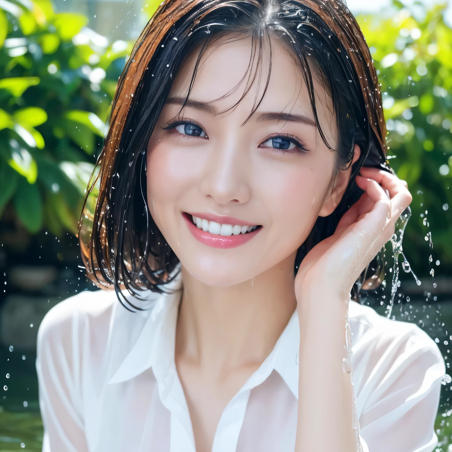 (highest quality、table top、8K、best image quality、Award-winning work)、(a soaking wet woman:1.1)、(White polyester open collared shirt:1.2)、(wet white collared open shirt:1.2)、(Fixed front configuration:1.1)、(My skin is visible through my wet shirt:1.1)、(Strongly blurred refreshing green background:1.1)、(very bright and refreshing:1.2)、(very cool advertising image:1.1)、(big breasts:1.1)、cleavage、emphasize body line、the best smile looking at me、Please smile and show your beautiful teeth、perfect makeup、With bangs、Ultra high definition beauty face、ultra high definition hair、Super high-definition sparkling eyes、Super high resolution glossy lips、accurate anatomy、(very bright and vivid:1.1)、(Close-up of wet face:1.3)、(The most natural and perfect freshwater splash:1.2)、(fresh water splash:1.1)、(Perfectly reproduces the texture of wet hair:1.1)、(wet and shiny skin:1.1)、(wet and shiny hair:1.1)