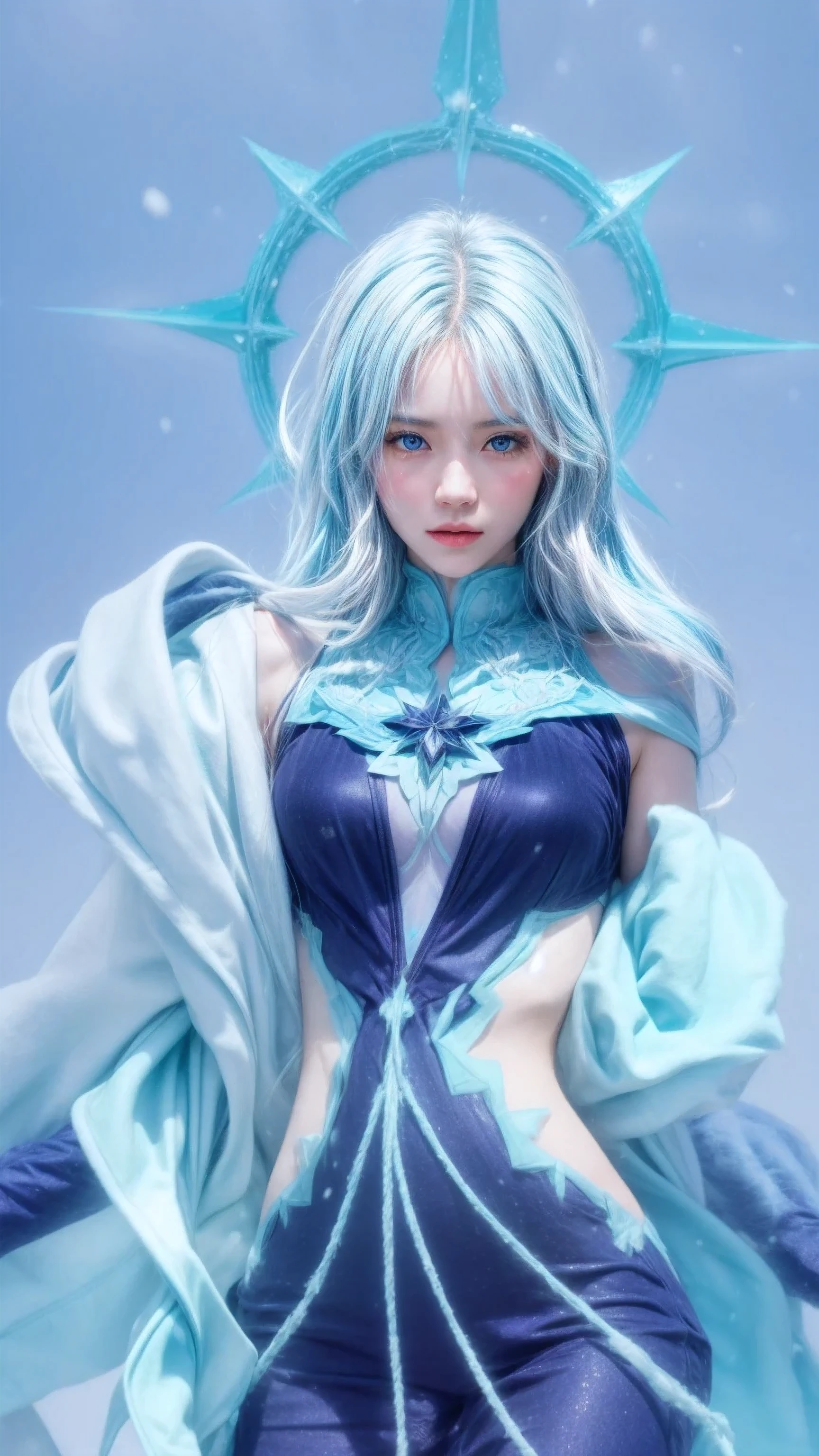 1girl, blue eyes, light blue hair, snow, realistic, ultra high resolution, 8k raw photo, professional lightning, More skin, Lustrous skin, clearface, dark room, cinema shot, sharp focus, depth of field, light rays,